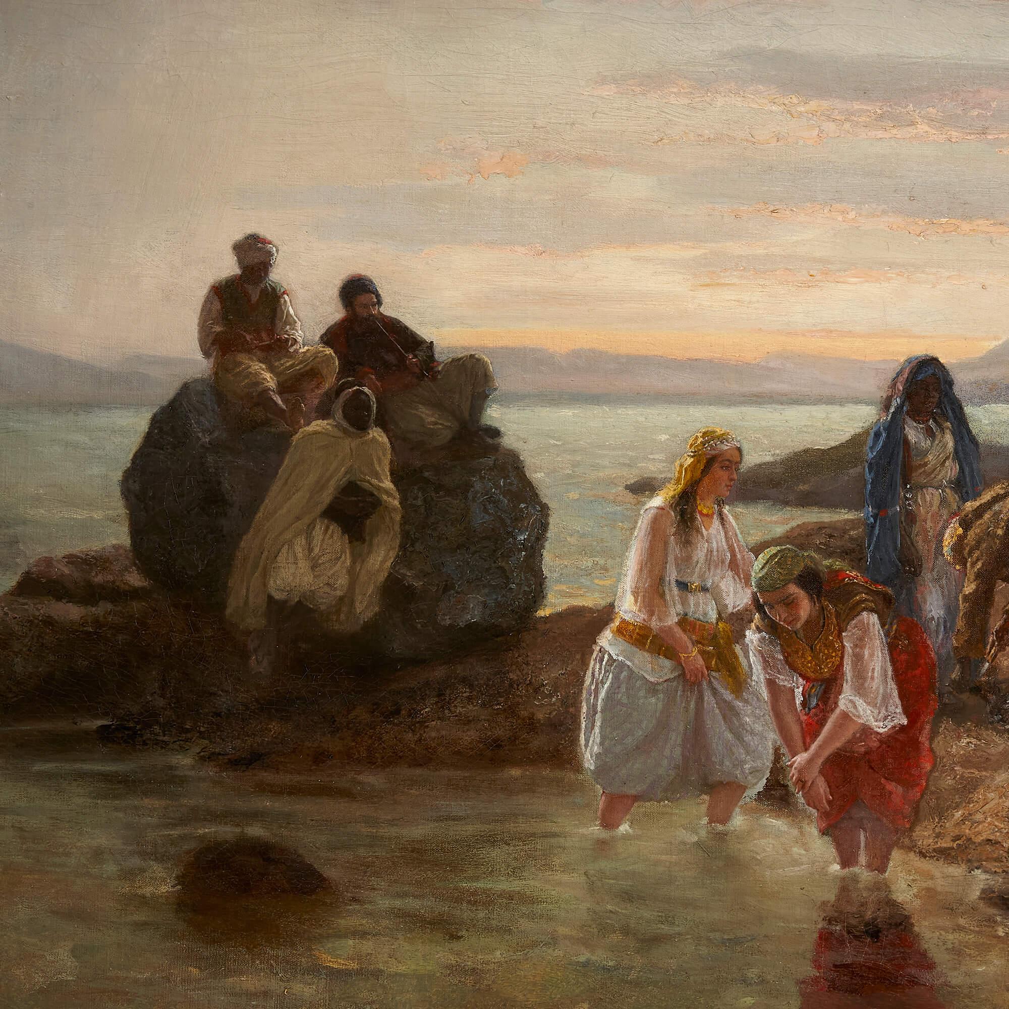 Large Orientalist Painting by G. Saloman Depicting Figures at the Shore For Sale 3