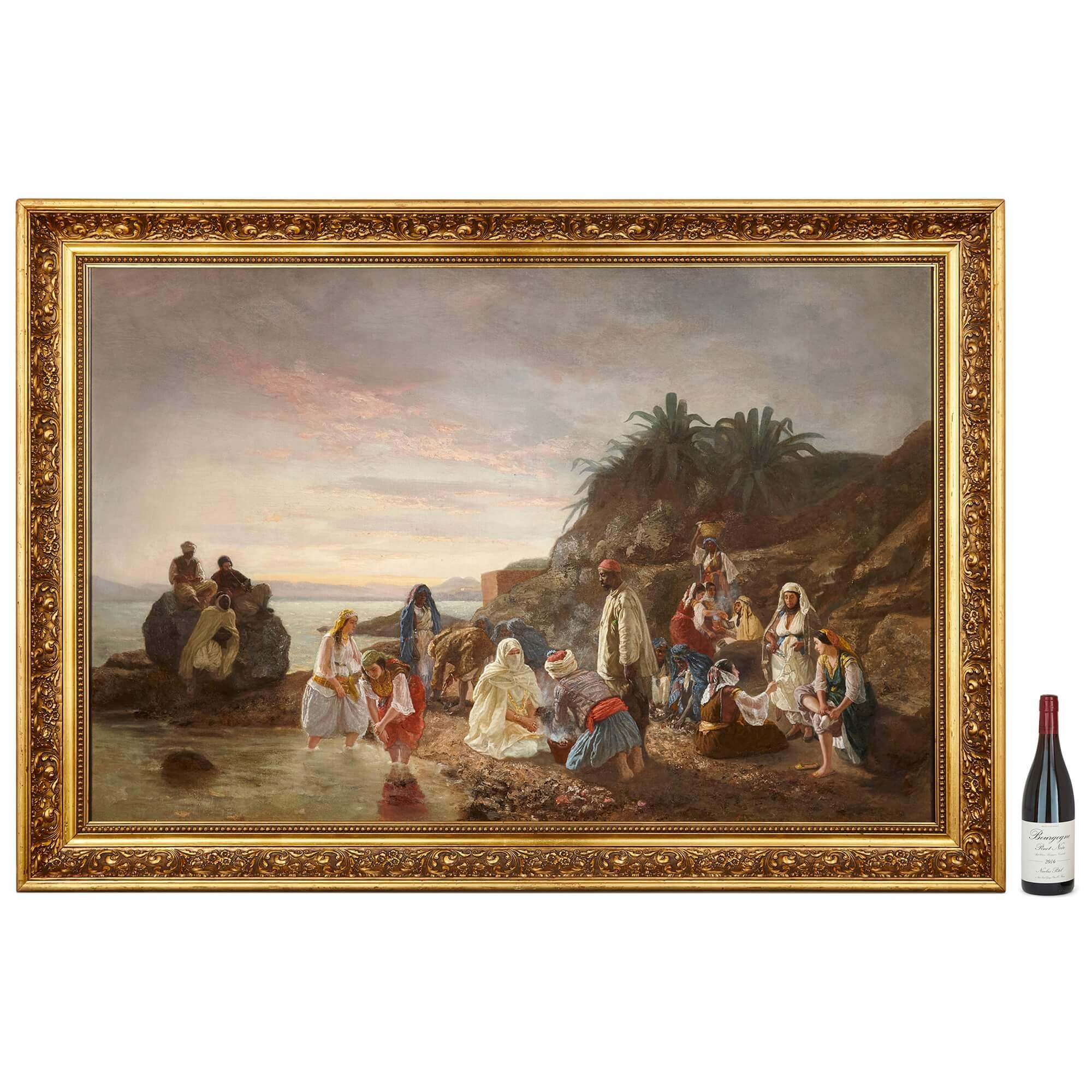 Large Orientalist Painting by G. Saloman Depicting Figures at the Shore For Sale 5
