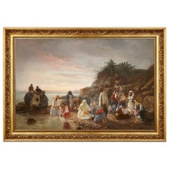 Large Orientalist Painting by G. Saloman Depicting Figures at the Shore