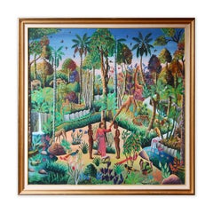 "Garden of Eden"Colorful Abstract Figurative Forest Scene with Animals Landscape