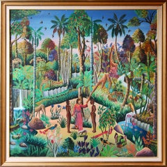 "Garden of Eden"Colorful Abstract Figurative Forest Scene with Animals Landscape