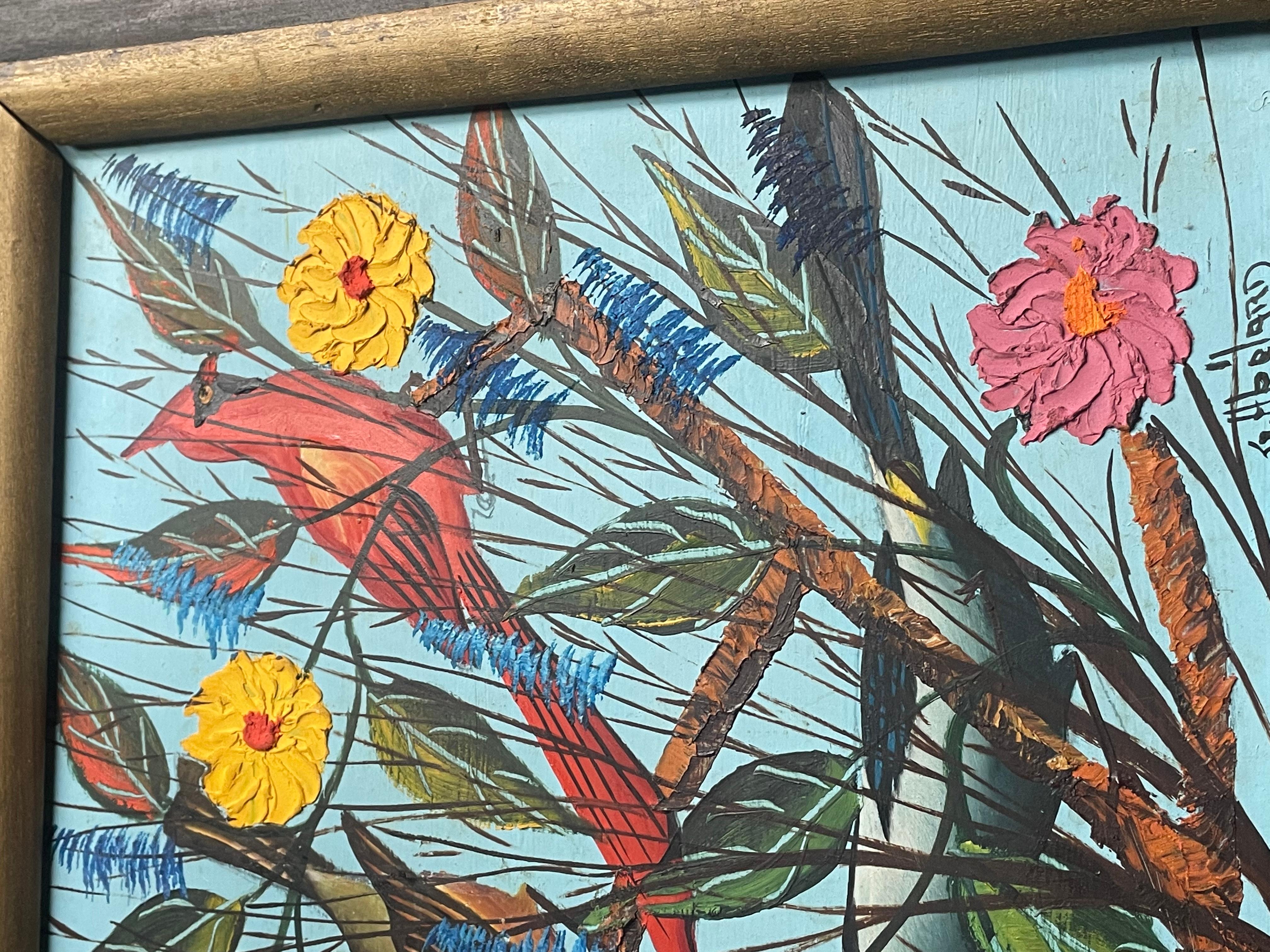 ABELARD GESNER ARTISTA AL ÓLEO SOBRE MASONITA PINTURA PÁJAROS FLORES. Medidas 22x17
