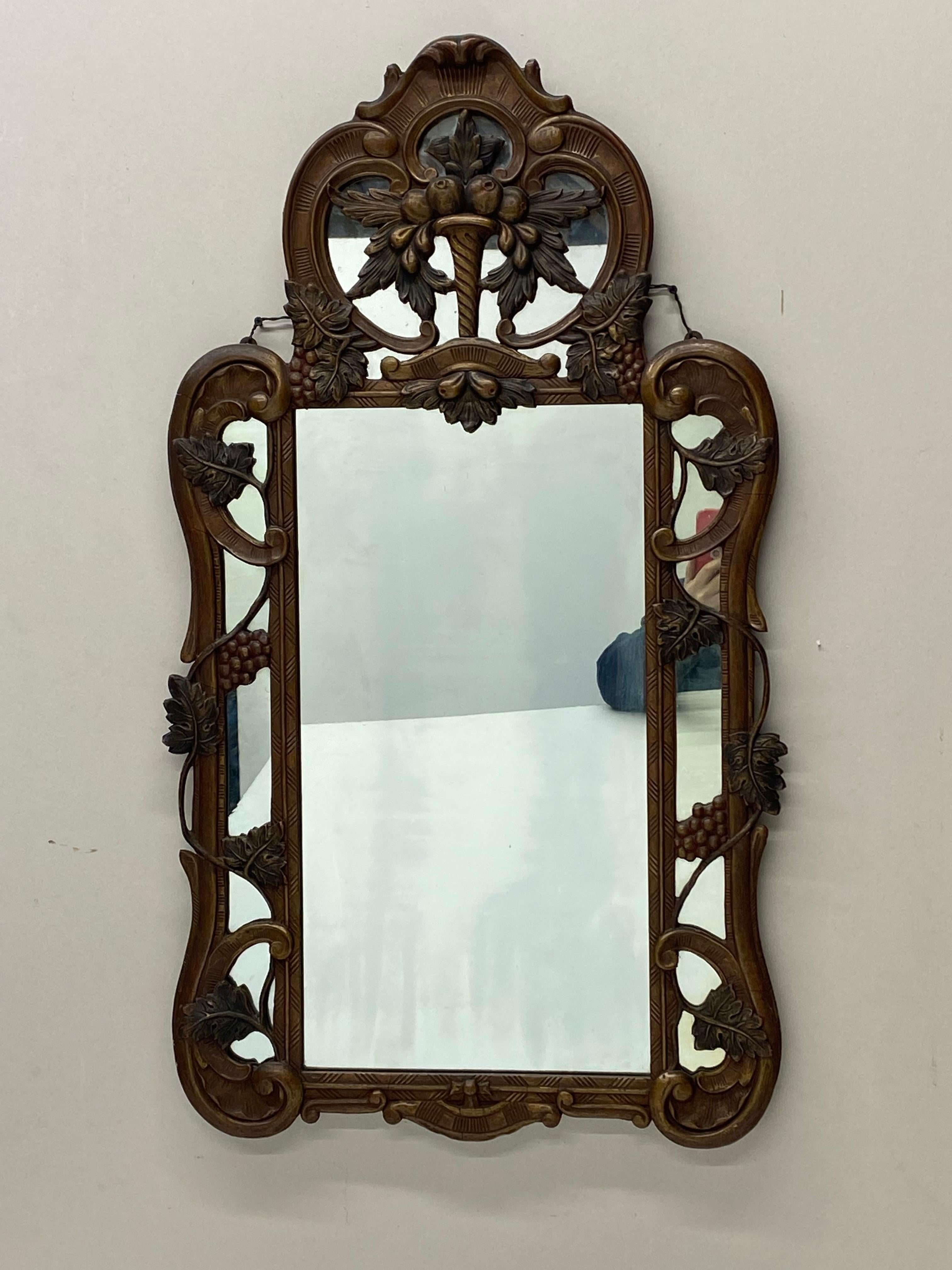 Gesso and Wood Wall Mirror with Grape motif and atop Cornucopia design.  Gesso and paint in very nice shape!  Wood sub-frame is very solid and stable.  Nice scale!  One of the nicer of this style I have seen!