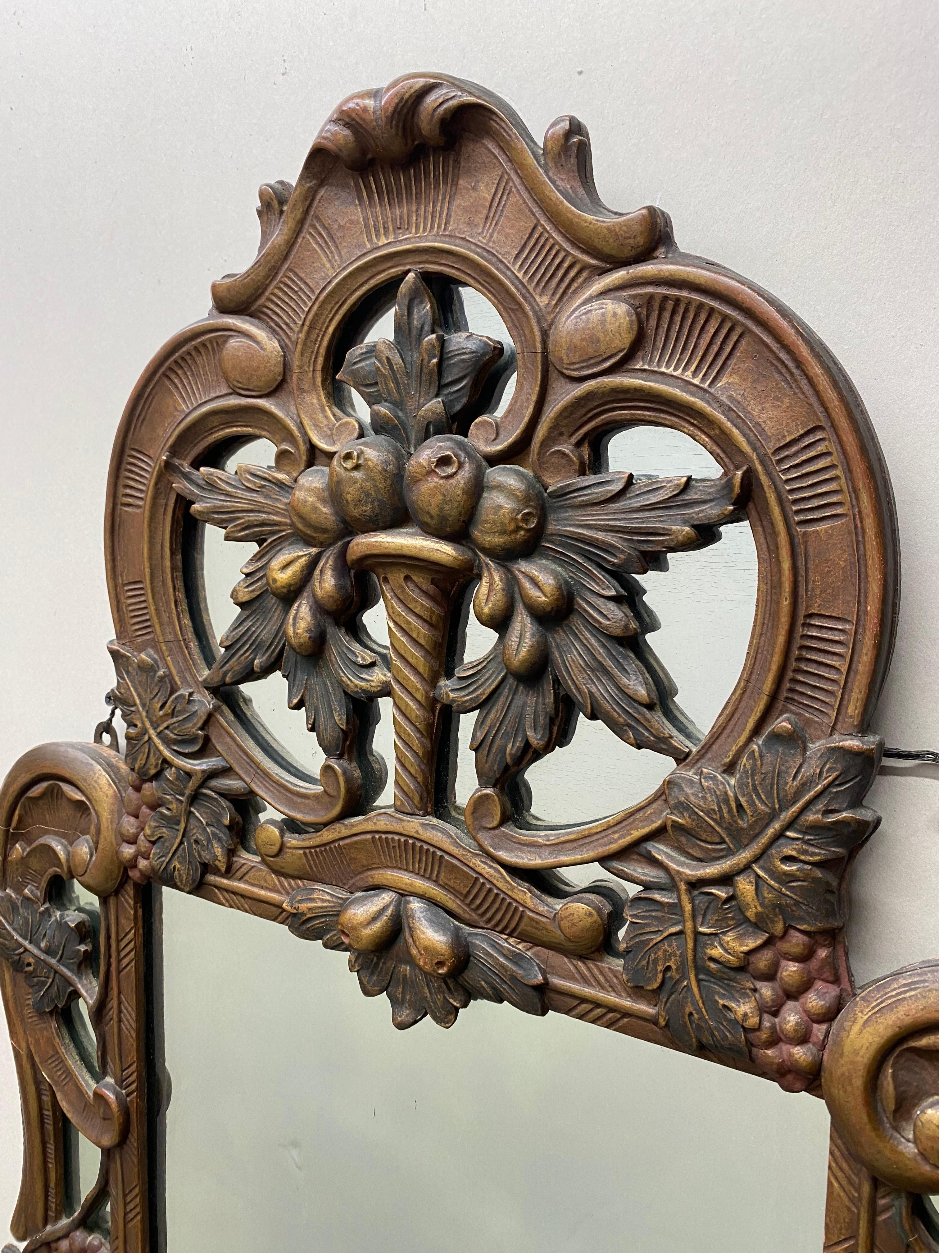 American Gesso and wood mirror with grape leaves and cornucopia For Sale