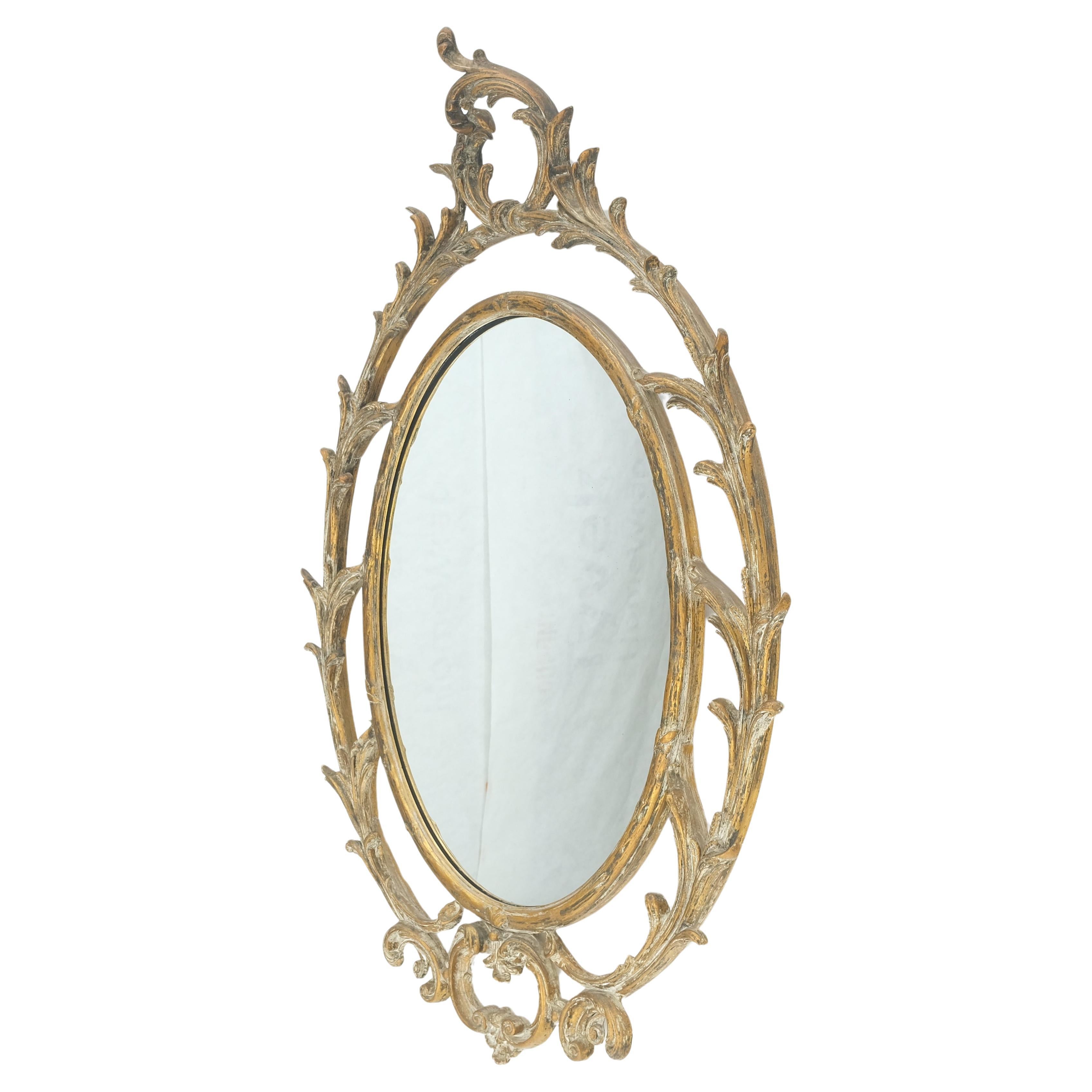 Rococo Revival Gesso Pierced Wood Gold Leaf Frame Oval Round Rococo Wall Mirror c1920s MINT! For Sale