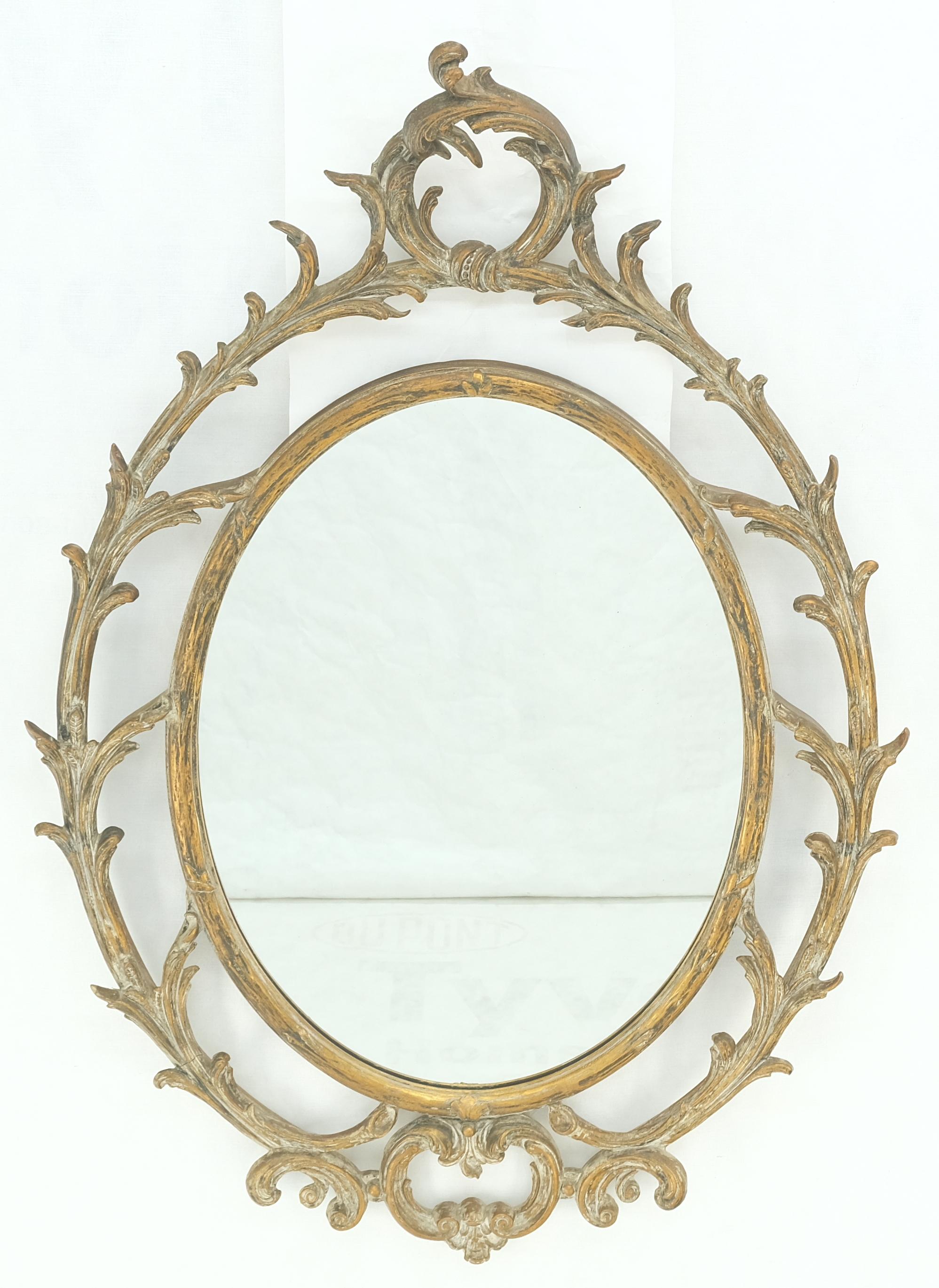American Gesso Pierced Wood Gold Leaf Frame Oval Round Rococo Wall Mirror c1920s MINT! For Sale