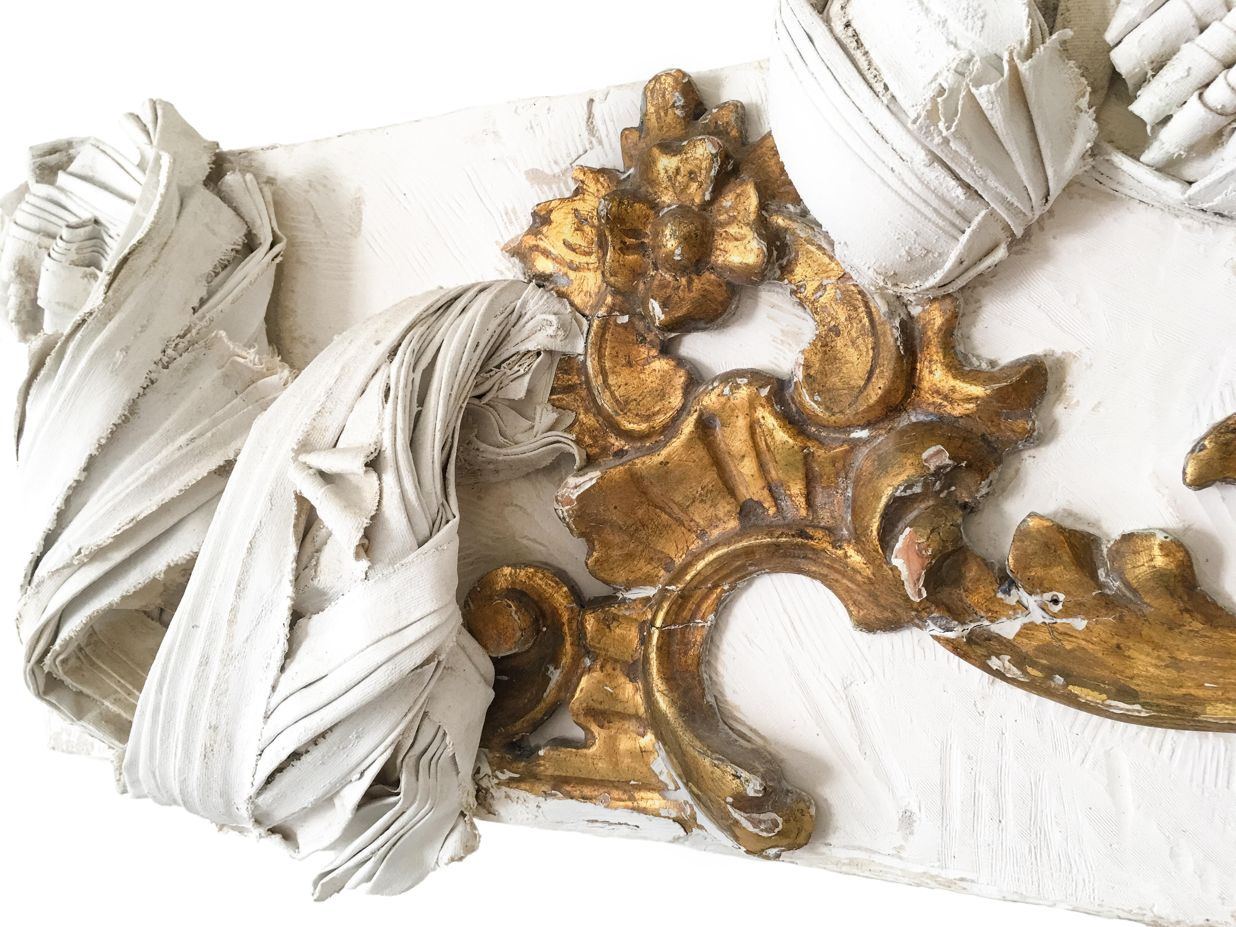 Rococo Gesso Sculpted Canvas with a Gilded Tuscan Fragment and Fluorite Crystals