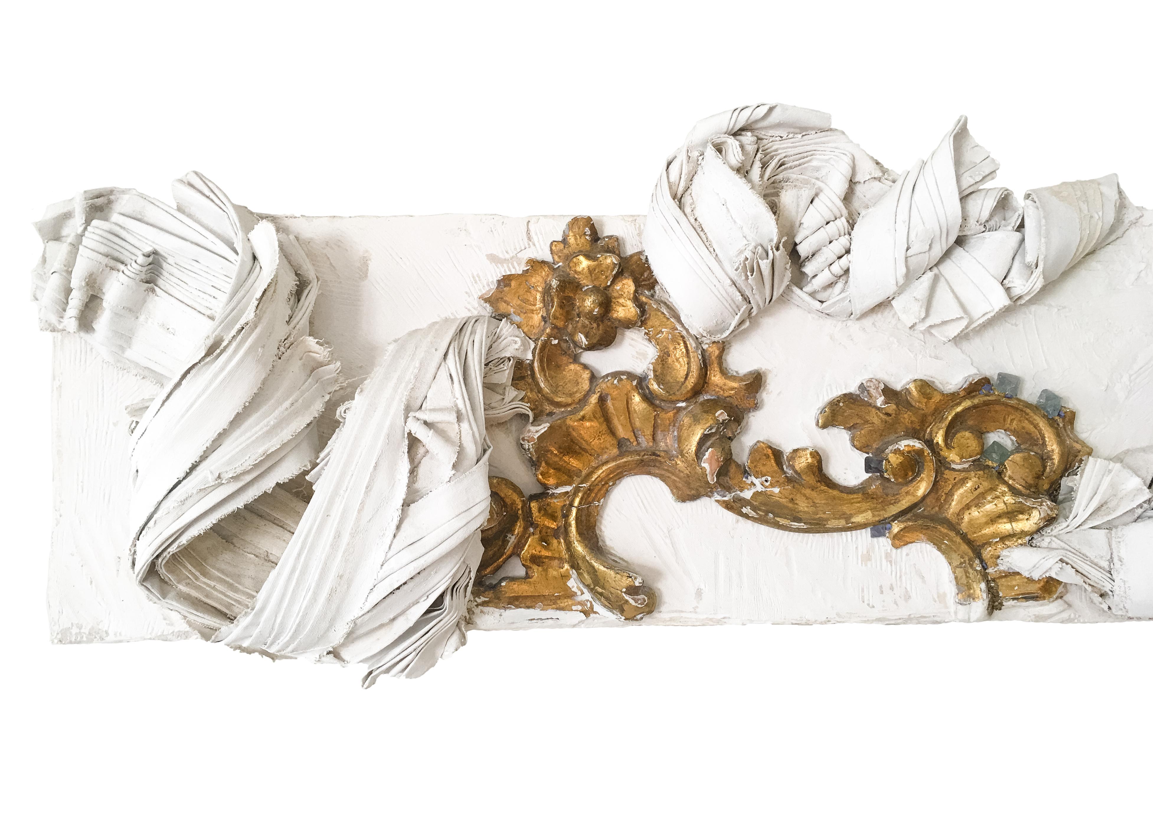 18th Century and Earlier Gesso Sculpted Canvas with a Gilded Tuscan Fragment and Fluorite Crystals