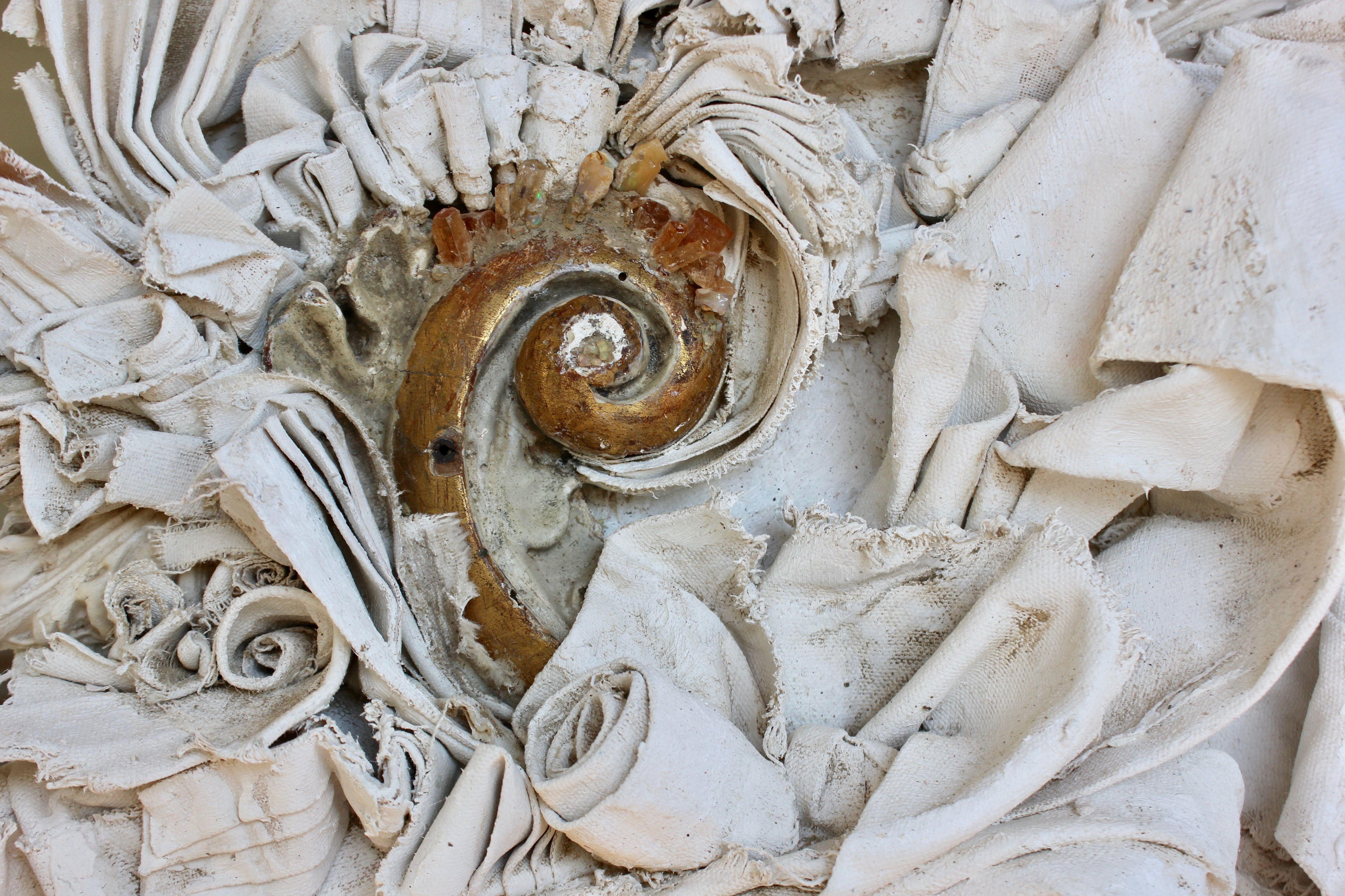 Gesso Sculpted Canvas with a Tuscan Scroll Fragment and Aragonite Crystals In Good Condition In Dublin, Dalkey