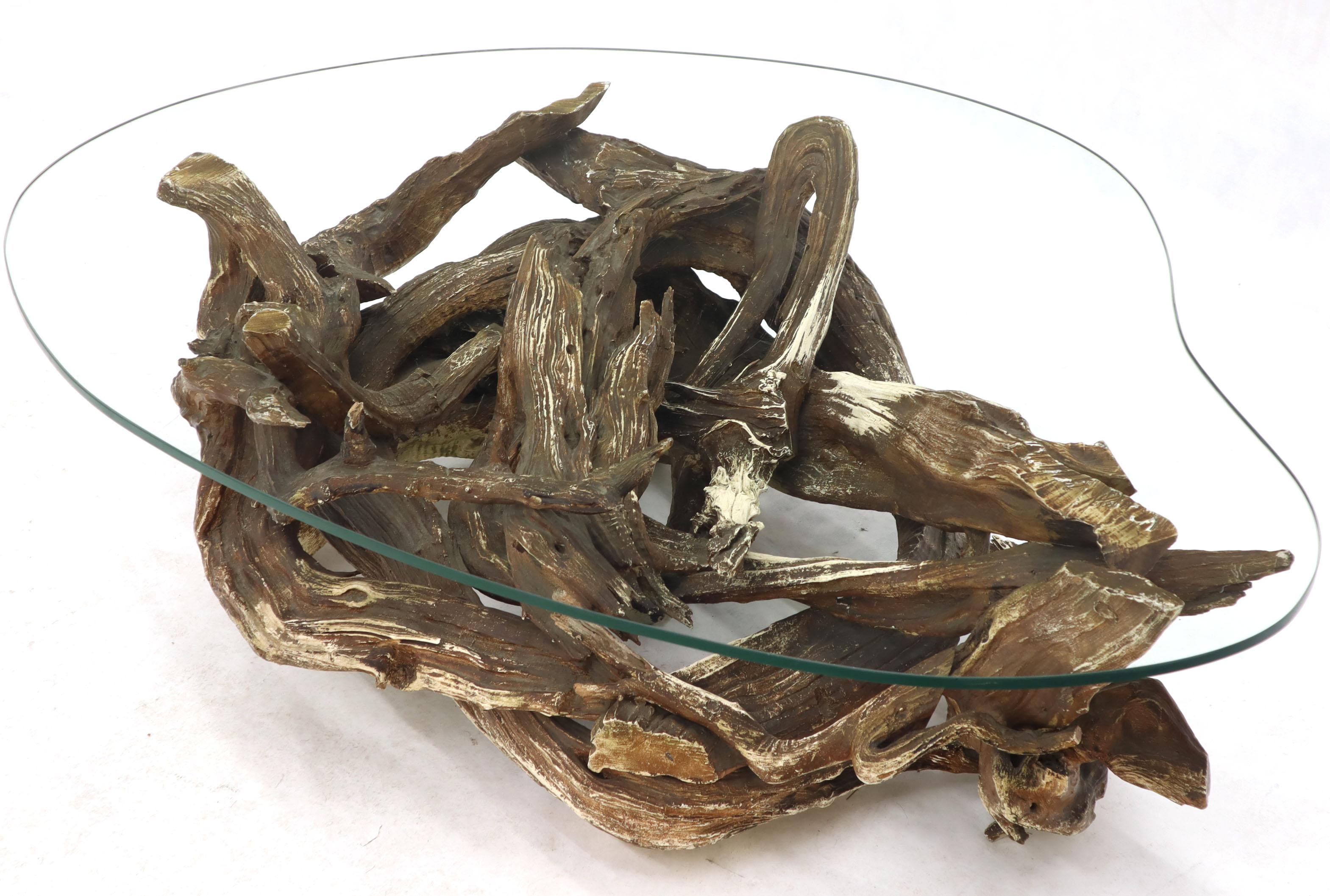 Gesso gewaschen und gebeizt Nierenform Glasplatte Natural Driftwood Couchtisch im Angebot 4