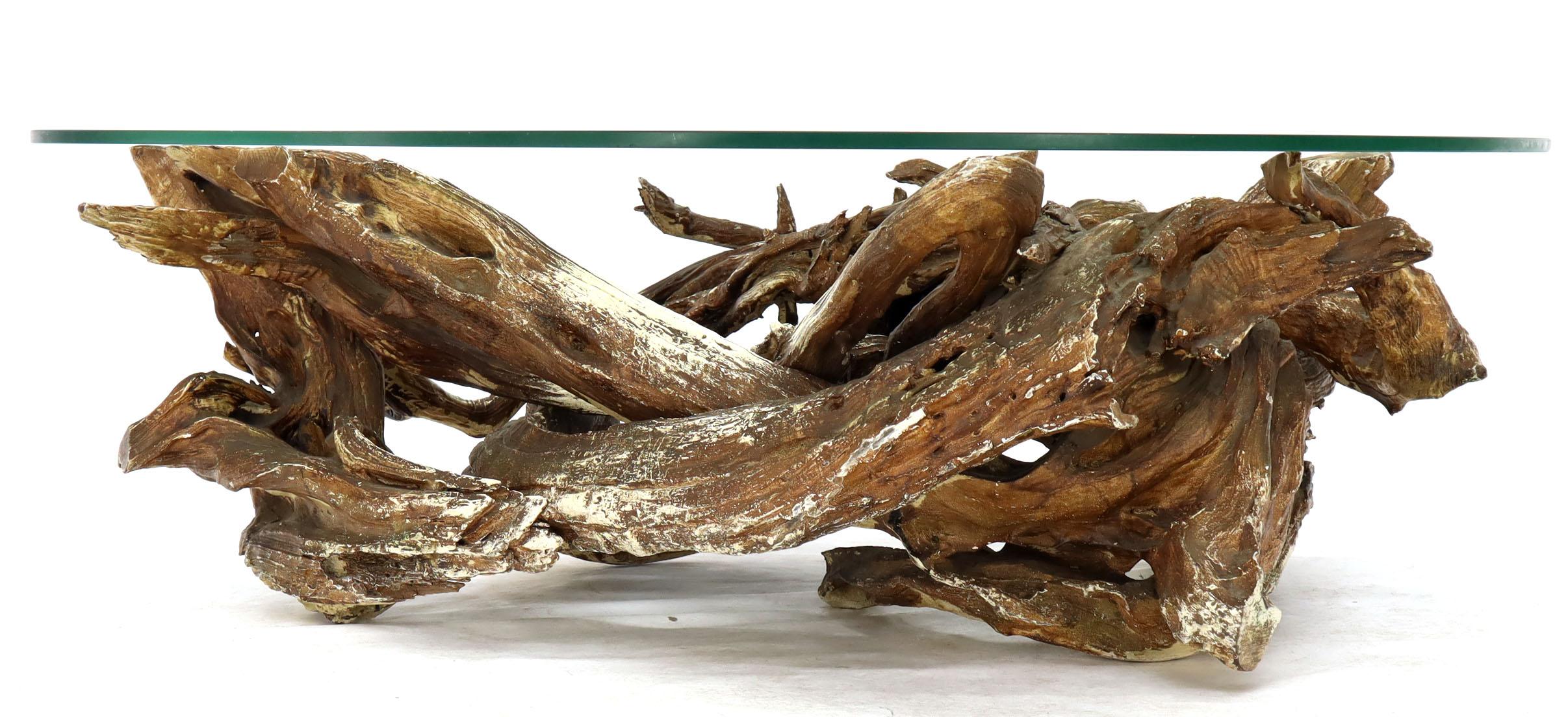 Gesso Washed and Stained Kidney Shape Glass Top Natural Driftwood Coffee Table For Sale 11