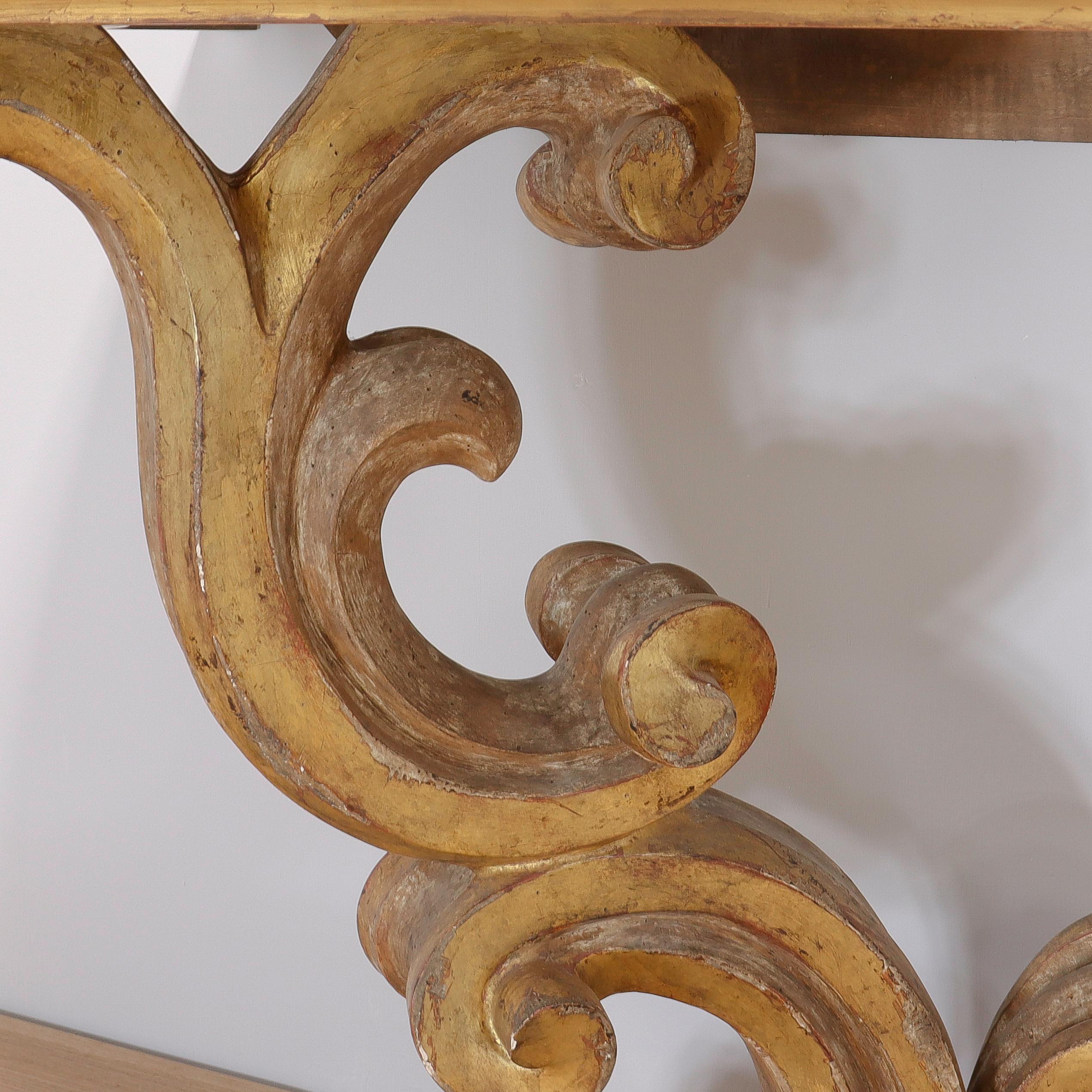 Gessoed & Gilt Rococo / Louis XV Style Demilune Console Table with Limestone For Sale 4