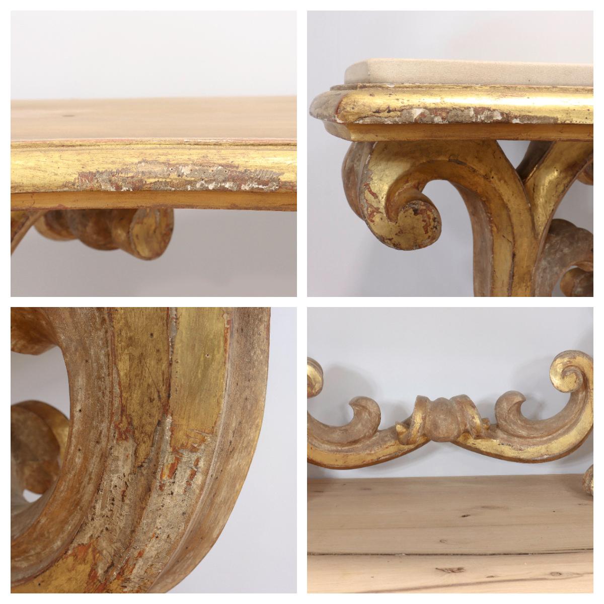 Gessoed & Gilt Rococo / Louis XV Style Demilune Console Table with Limestone For Sale 8