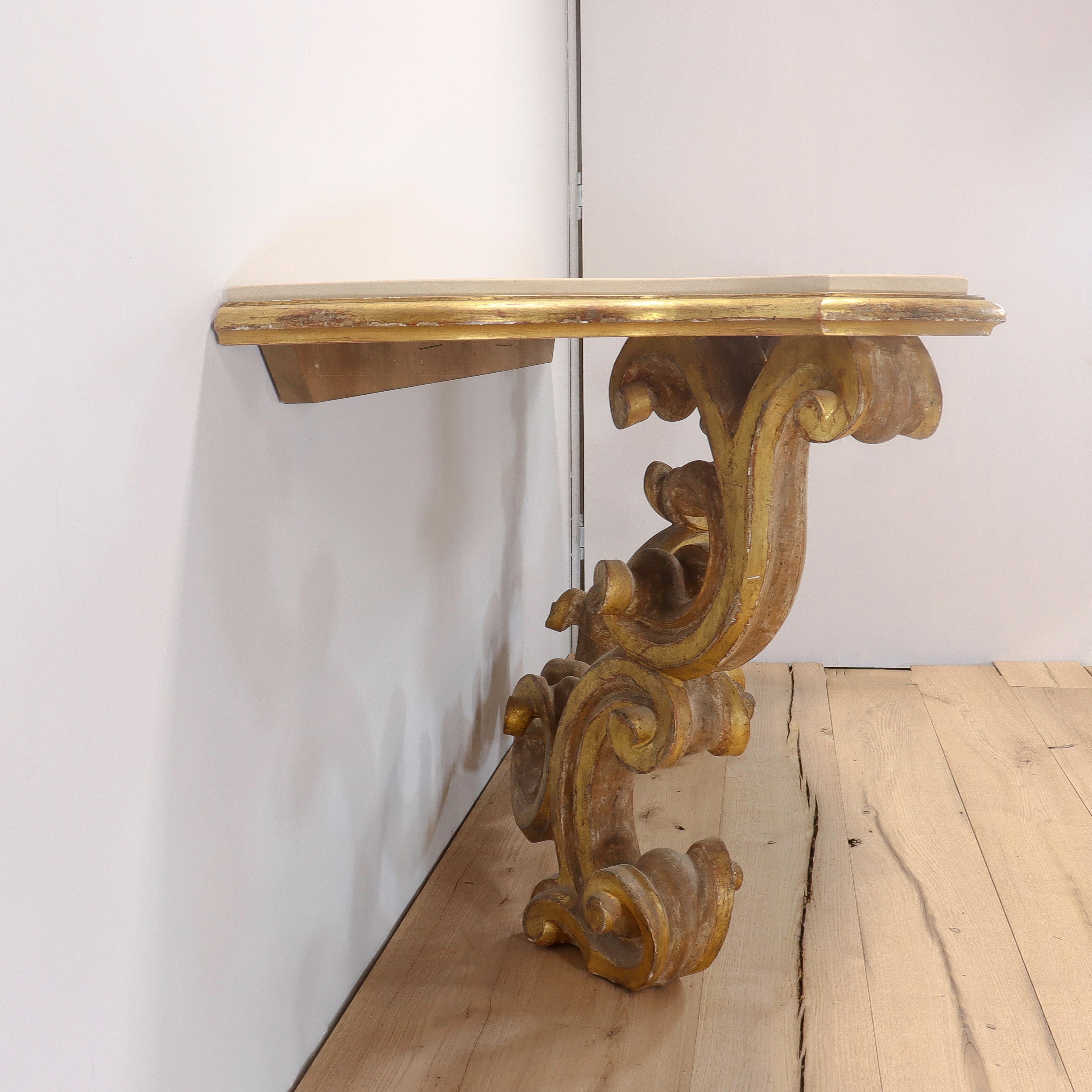 American Gessoed & Gilt Rococo / Louis XV Style Demilune Console Table with Limestone For Sale