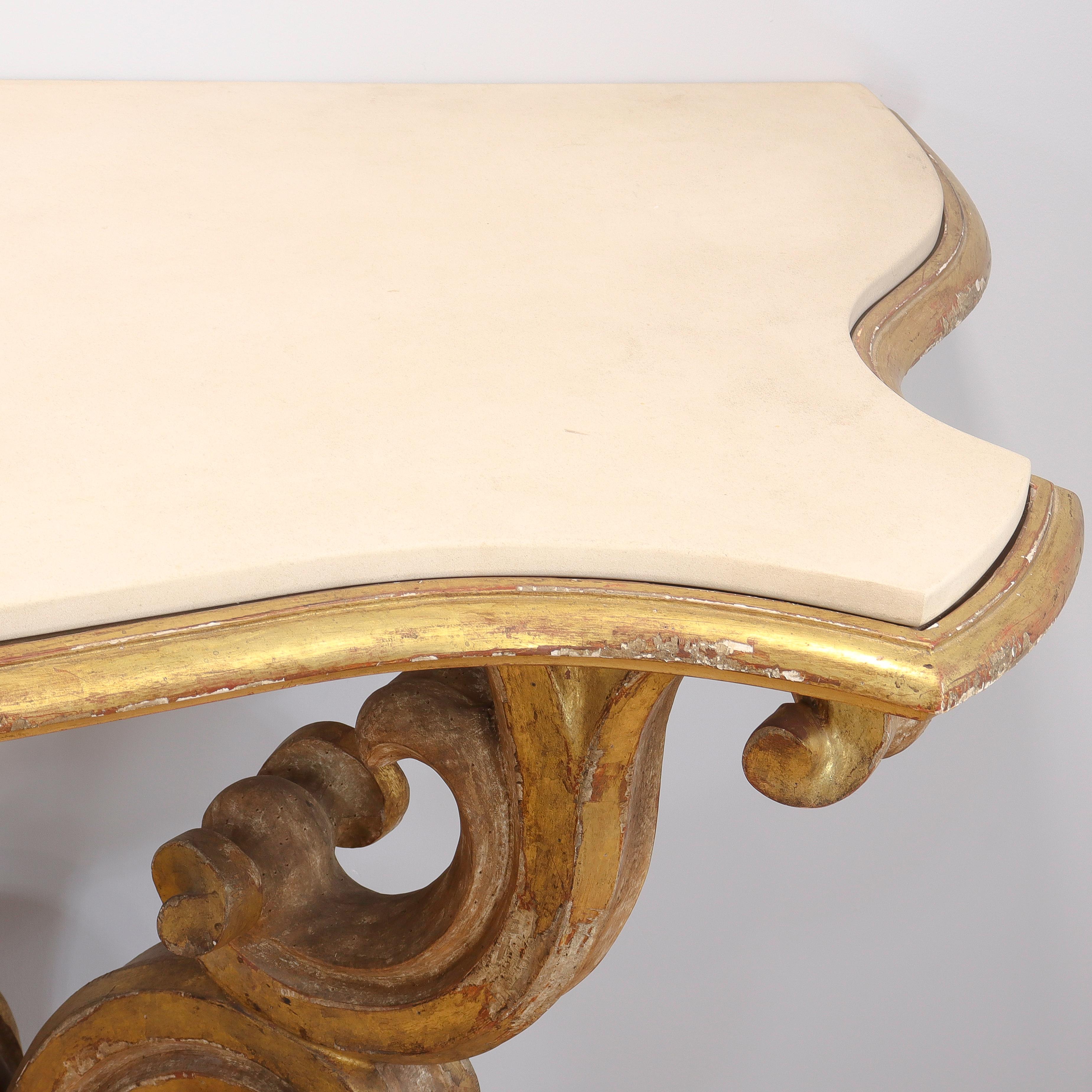 Gessoed & Gilt Rococo / Louis XV Style Demilune Console Table with Limestone For Sale 1