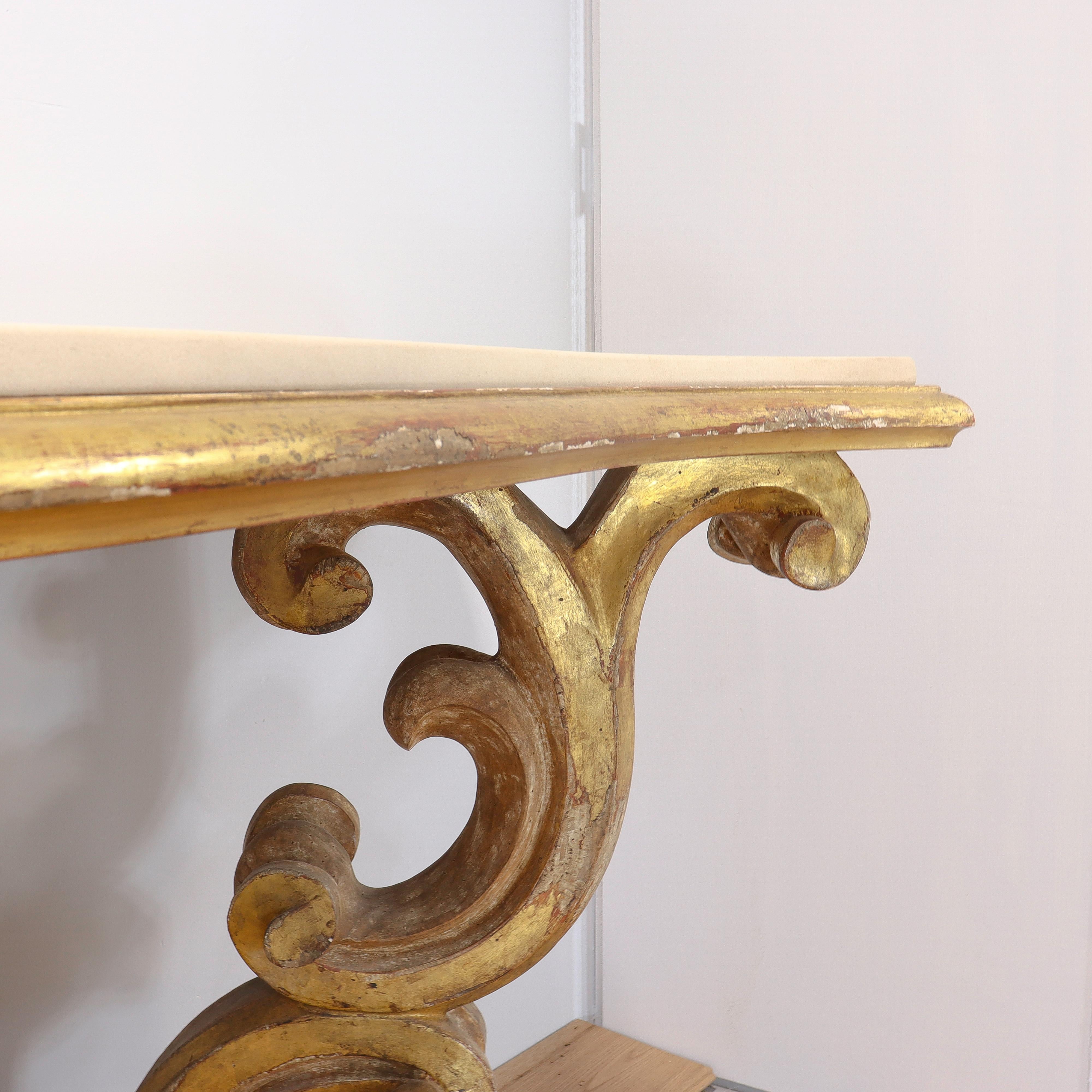Gessoed & Gilt Rococo / Louis XV Style Demilune Console Table with Limestone For Sale 2