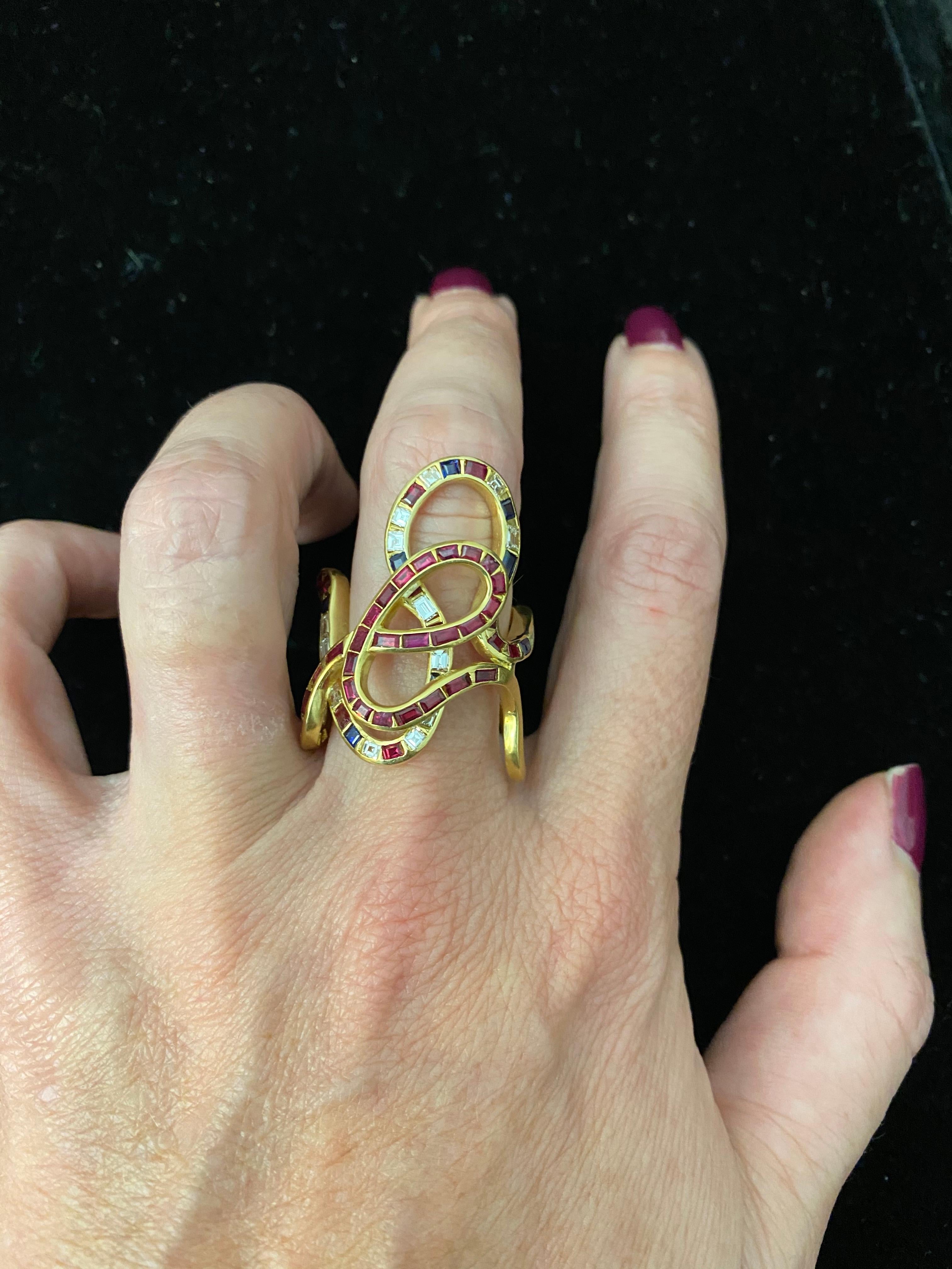 Women's 18 Karat Gold Diamonds, Rubies and Sapphires Ring For Sale