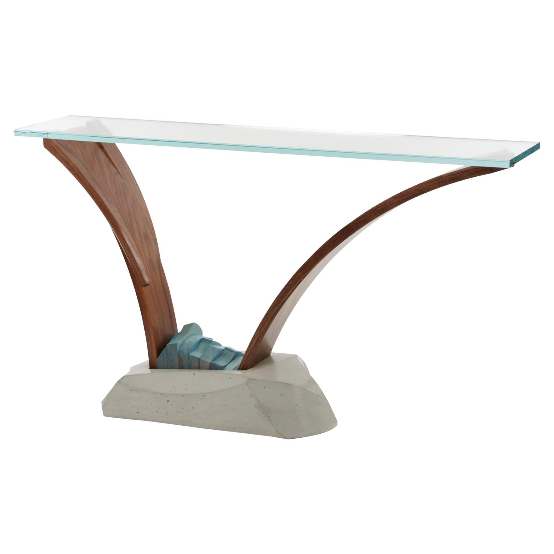Gestural Console Table in Glass with Bent Wood and Cast Concrete by Nico Yektai