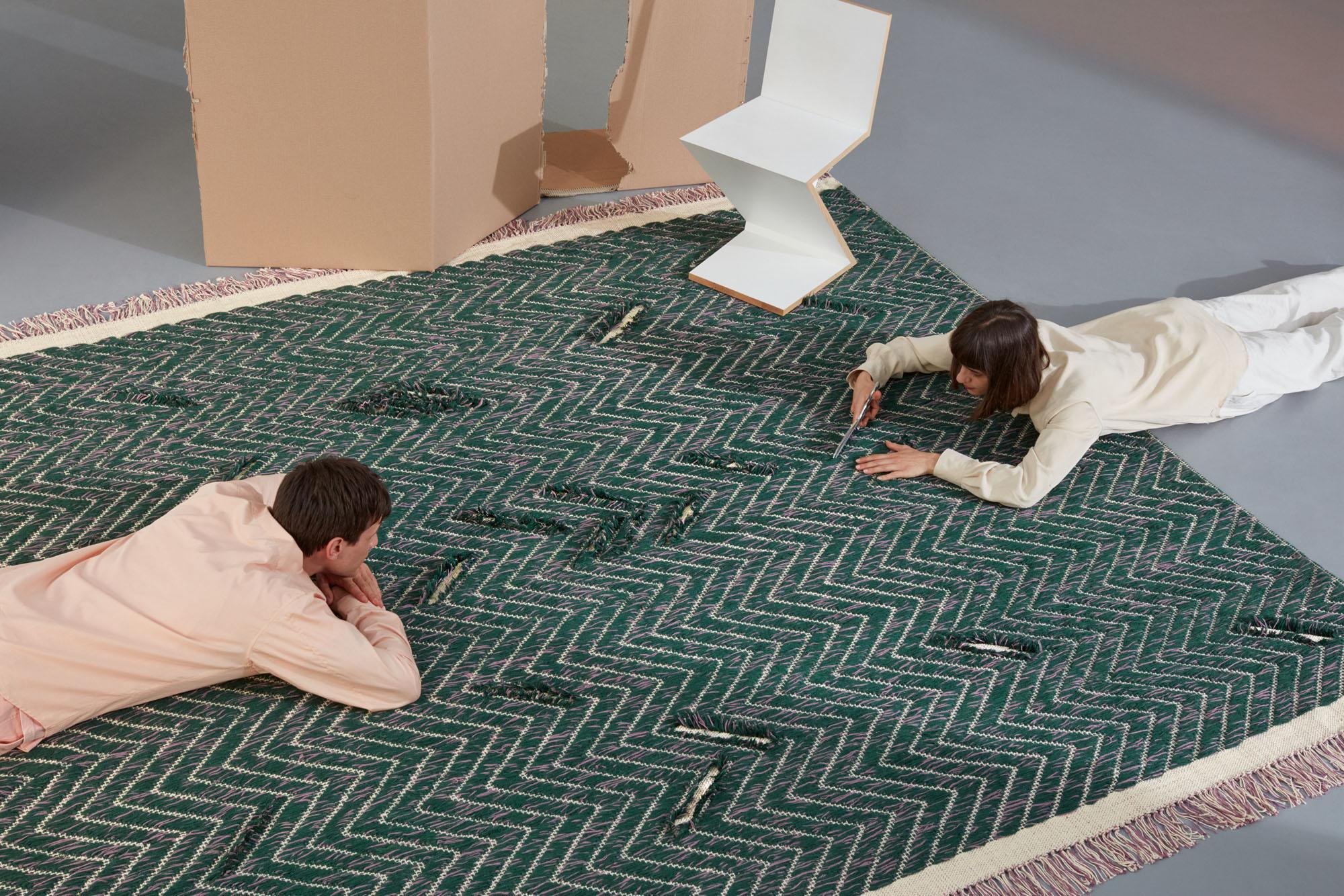 Modern cc-tapis Cultivate Chevron Mint Rug in Himalayan Wool by Yuri Himuro - IN STOCK For Sale