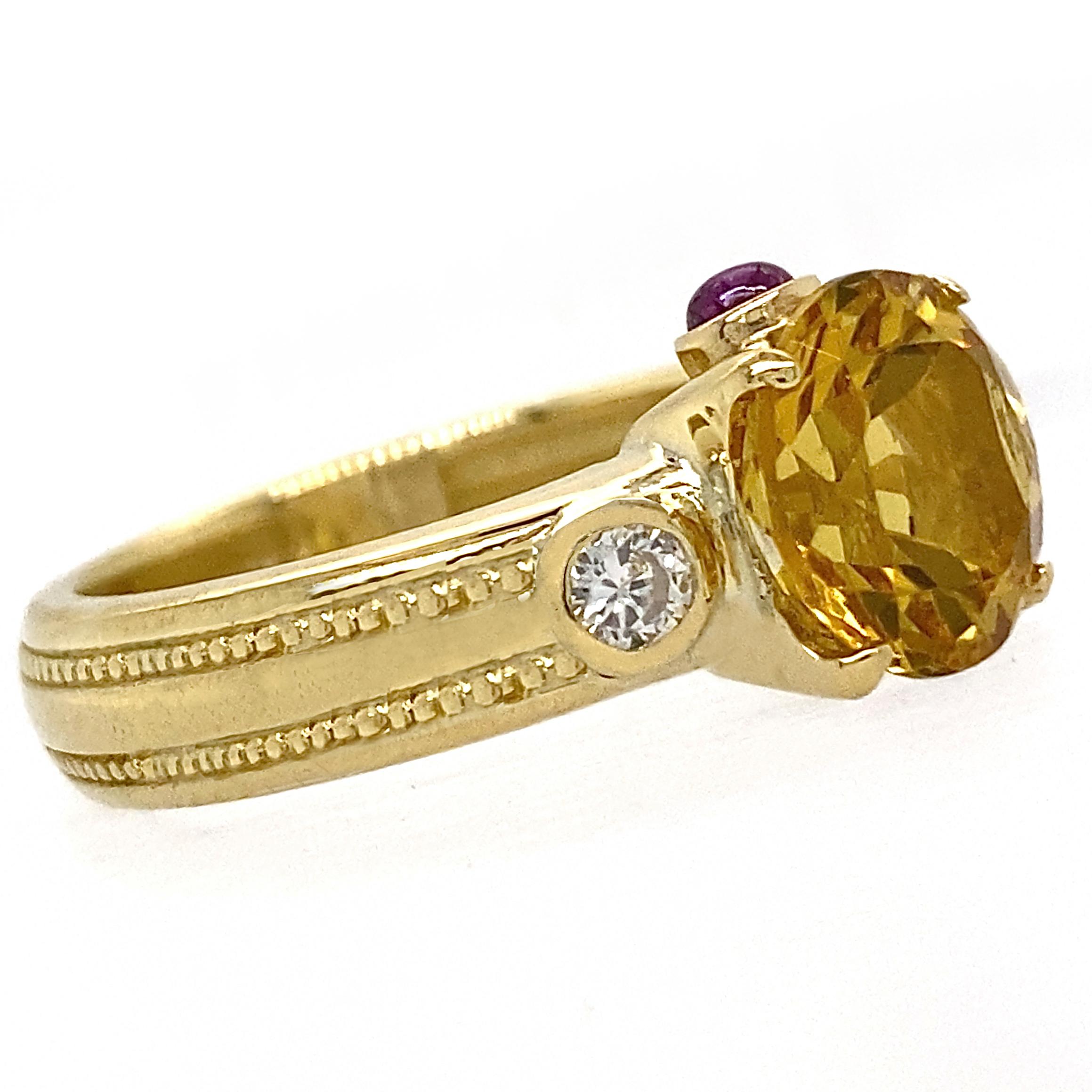 Byzantine-Inspired 18K Gold Ring with Heliodor, Diamonds & Ruby in 18 Karat Gold 2