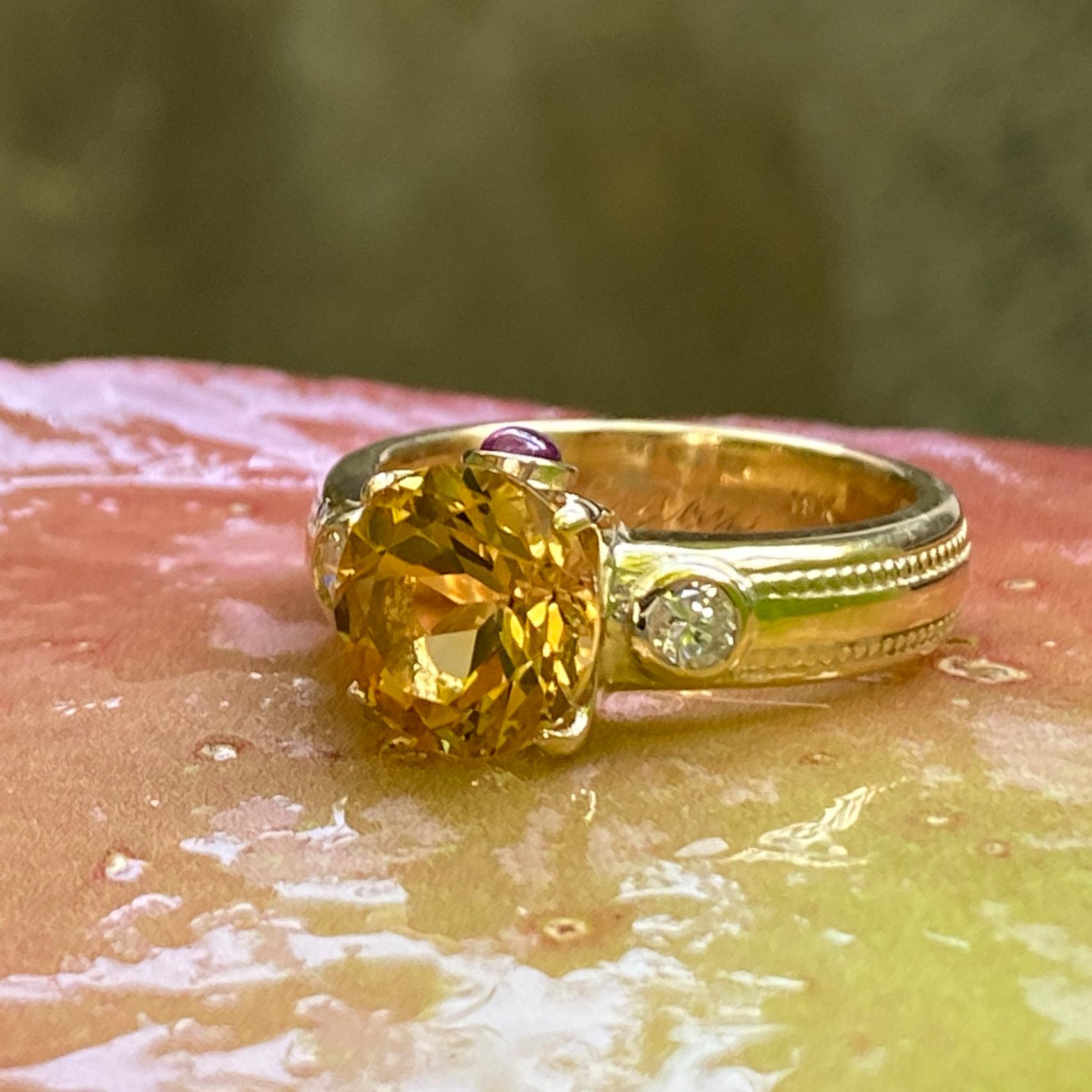 Brilliant Cut Byzantine-Inspired 18K Gold Ring with Heliodor, Diamonds & Ruby in 18 Karat Gold