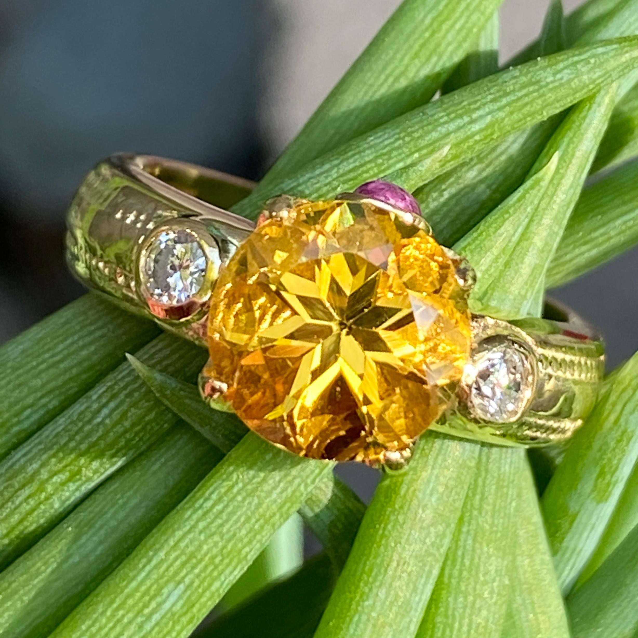 Byzantine-Inspired 18K Gold Ring with Heliodor, Diamonds & Ruby in 18 Karat Gold 1