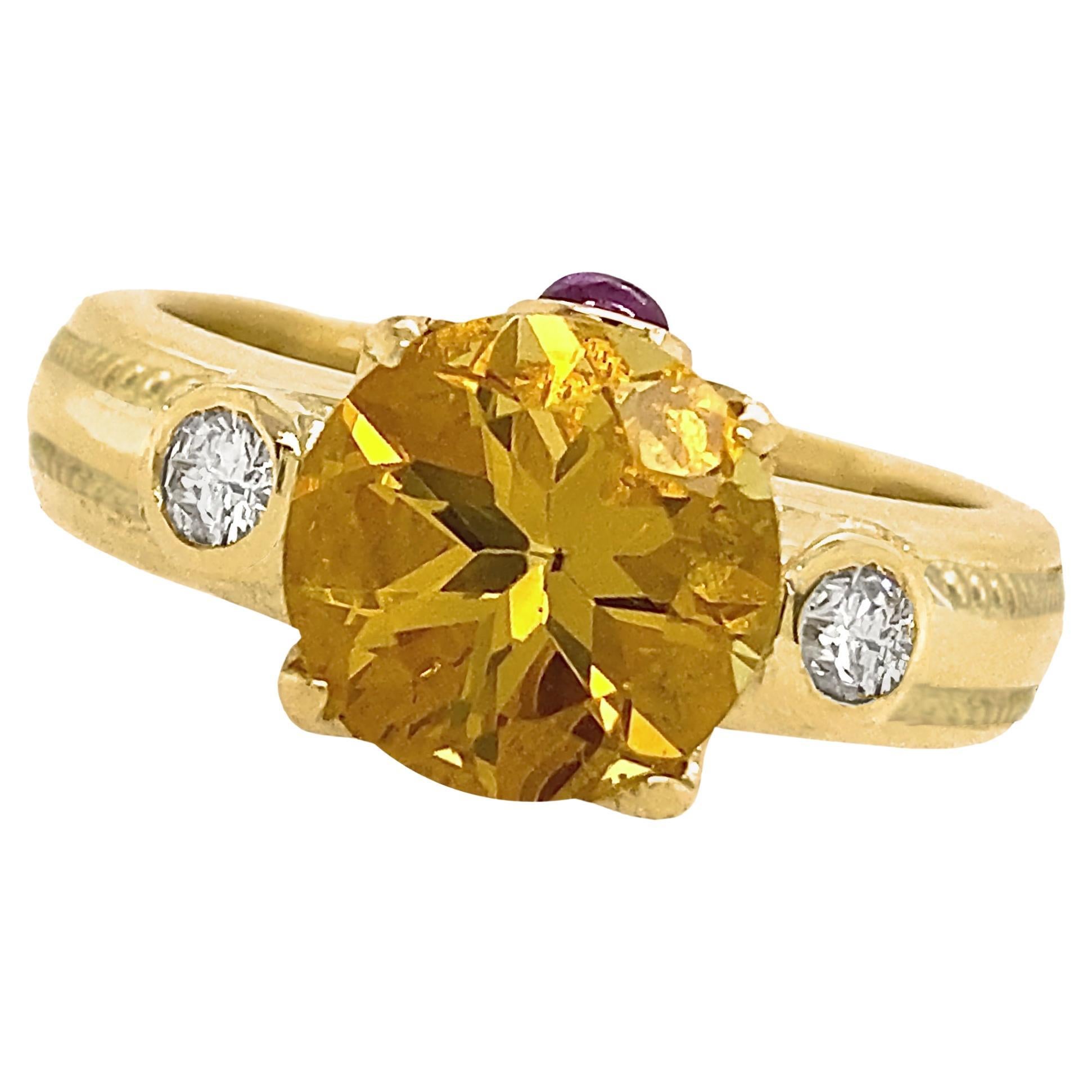 Byzantine-Inspired 18K Gold Ring with Heliodor, Diamonds & Ruby in 18 Karat Gold