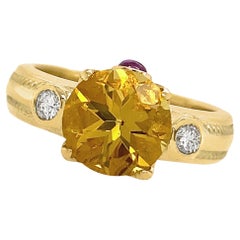 "Get Byzzy" Ring with 2 Carat Heliodor Plus Diamonds & Ruby in 18 Karat Gold