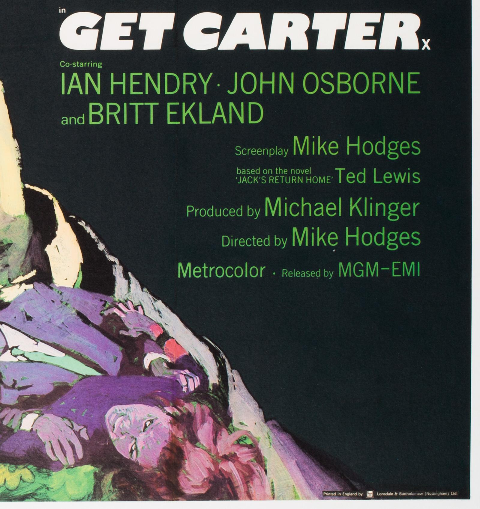 The very rare UK quad film poster for 1970s gritty Michael Caine thriller movie Get Carter. Wonderful artwork by Putzu, one of the most distinctive illustrators of his generation.

Professionally cleaned deacidified and linen backed. In Near Mint
