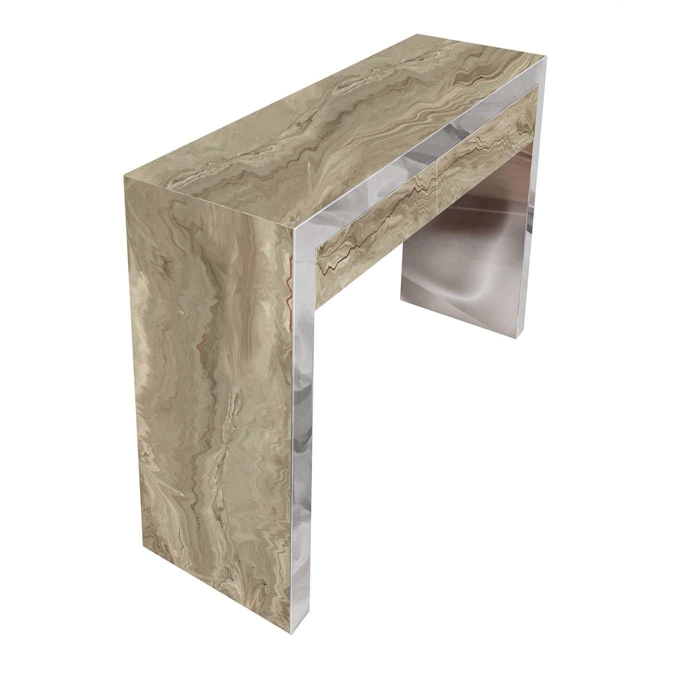 This sophisticated console has a clean-lined silhouette enriched by a superb decoration made of scagliola that will enliven an entryway or living room. The rectangular silhouette with waterfall edges and two front drawers features a polished steel