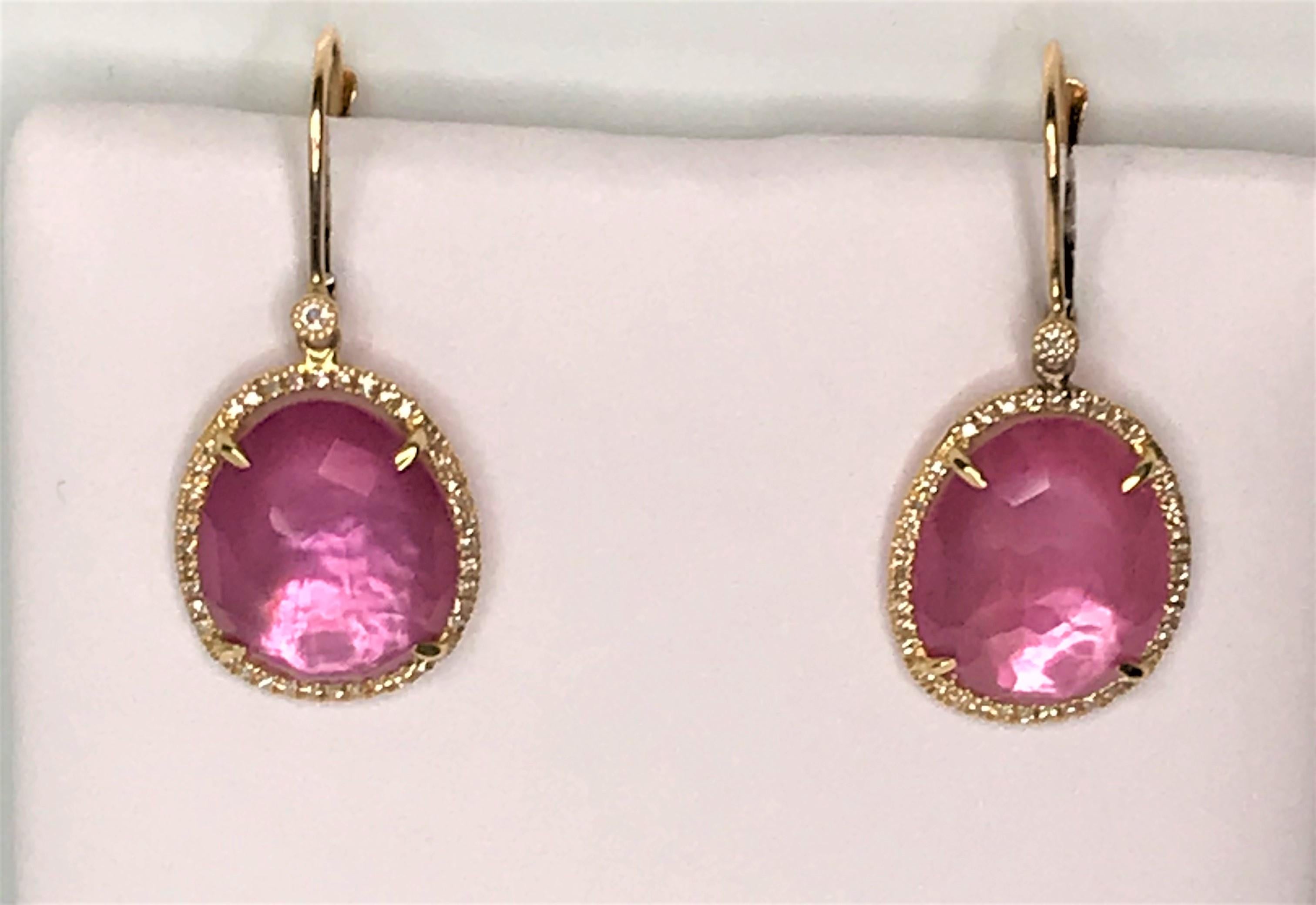 By designer Getana & Co.
14 karat yellow gold 
Vibrant pink tourmaline stones, approximately 11.75 total carat weight.
Pink tourmaline is surrounded by diamonds.
One round cut diamond at the top of each earring near hook connection.
Approximately