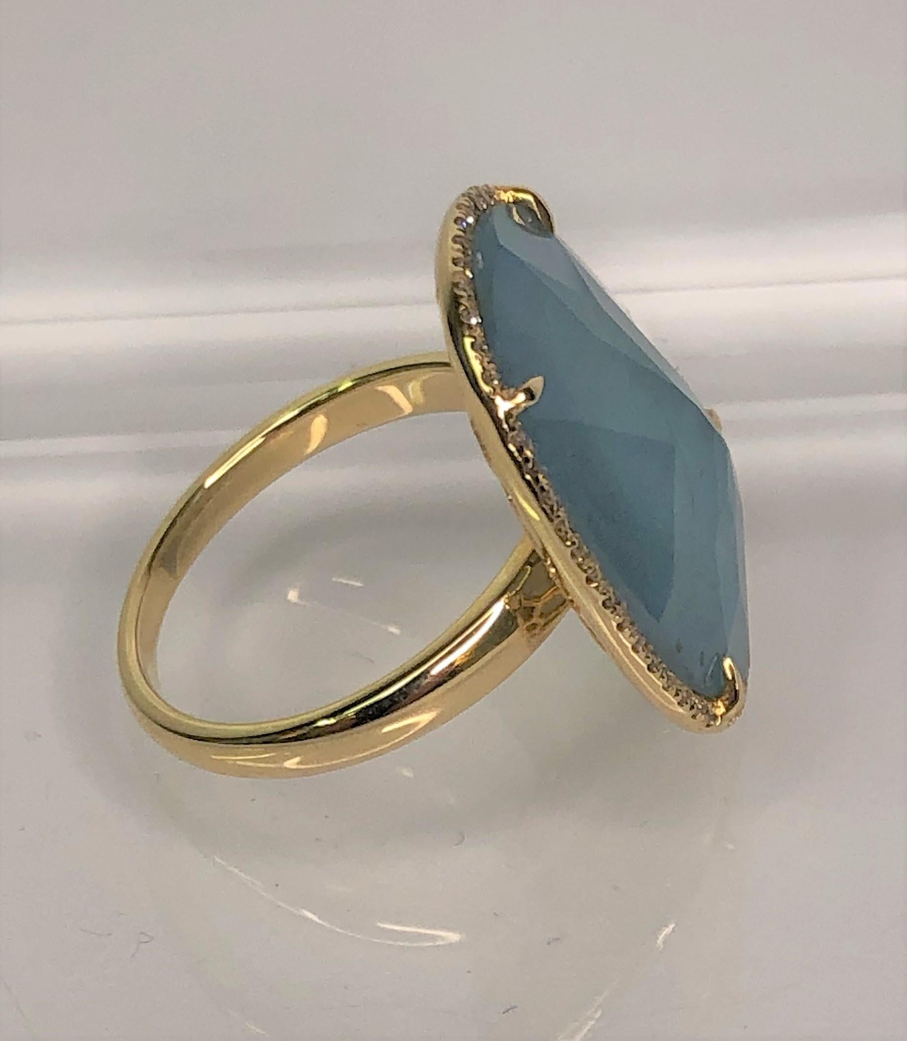 Designer Getana & Co. This ring is a gorgeous light blue apatite slice with a diamond halo.
This ring practically glows.
Oval-ish apatite approximately 20.5mm x 16mm (approximately 8 carats) with beautiful 'honeycomb' back.
Apatite is surrounded by