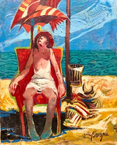 Woman in Chair Beach Scene Italian Modernist Oil Painting