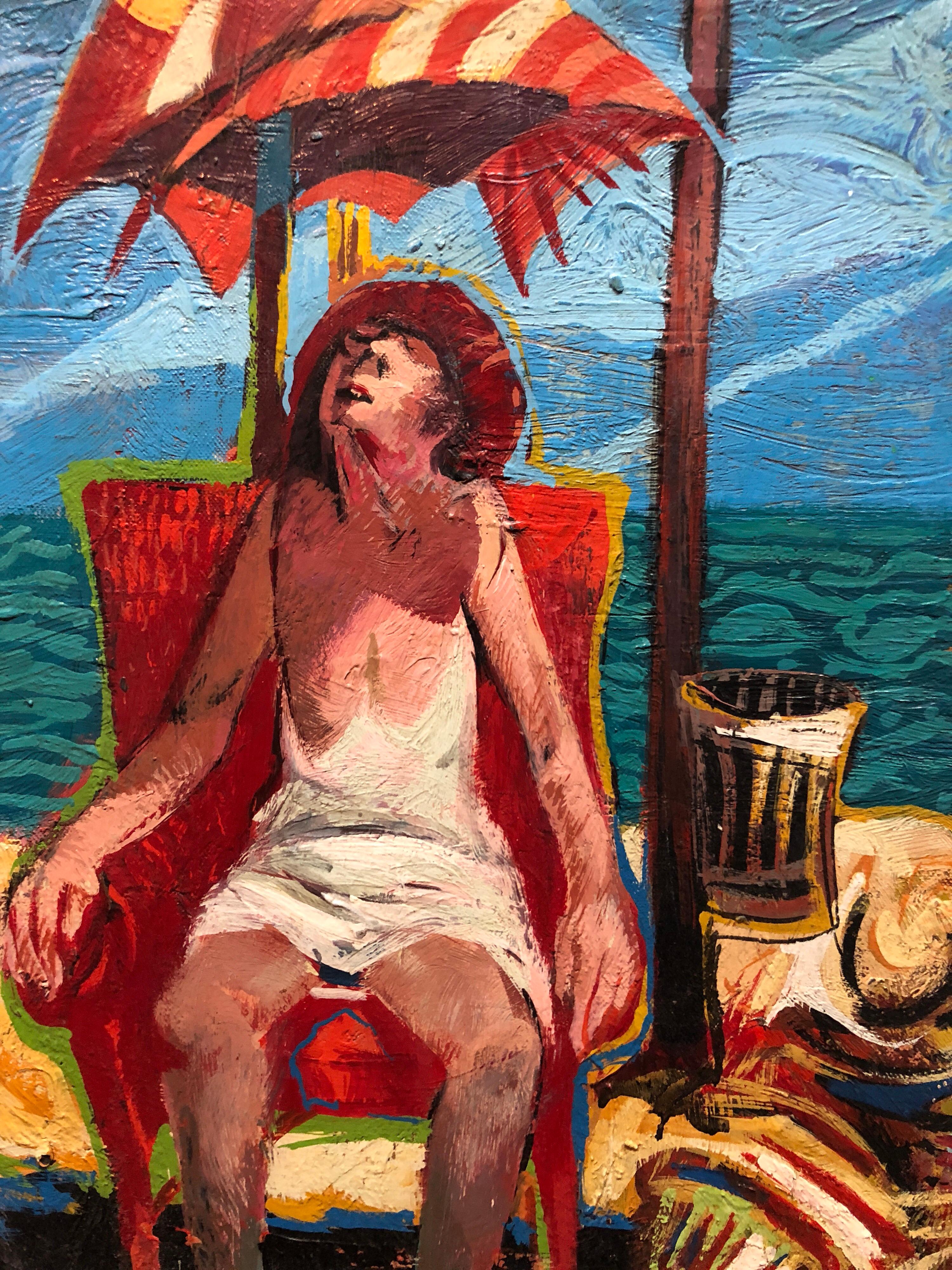 Woman in Chair Beach Scene Italian Modernist Oil Painting - Brown Figurative Painting by Getty Bisagni