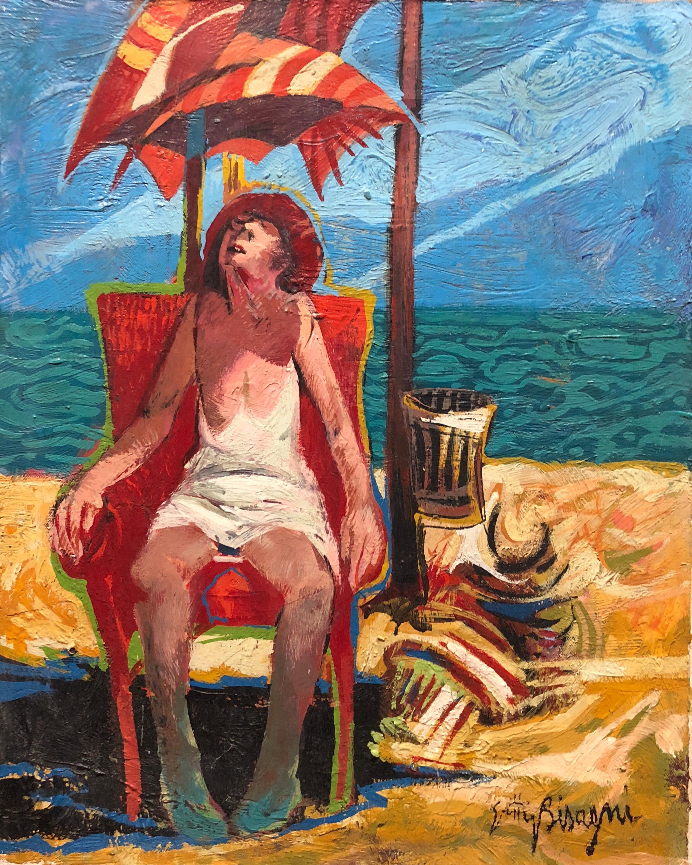 Getty Bisagni Figurative Painting - Woman in Chair Beach Scene Italian Modernist Oil Painting