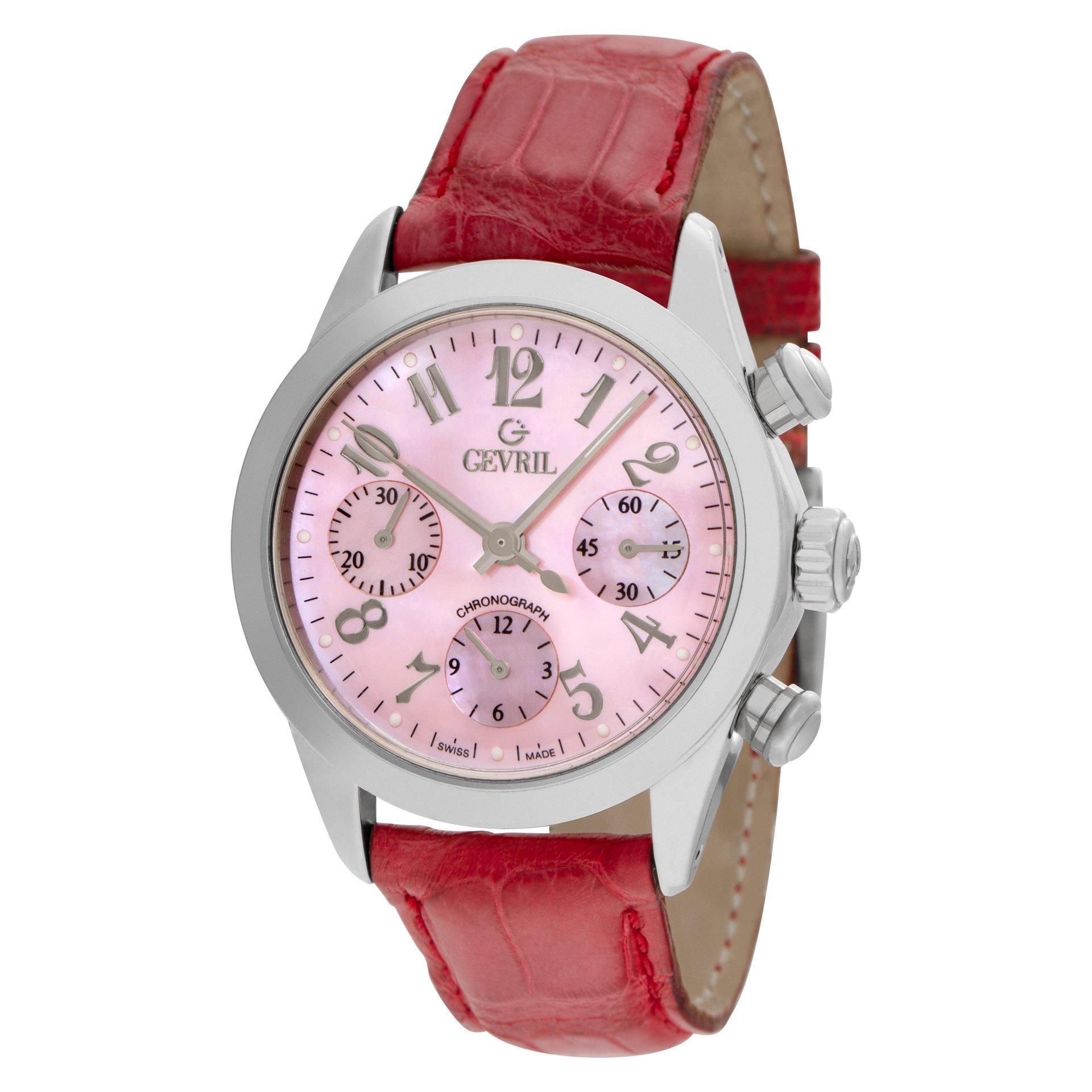 Gevril La Fayette in stainless steel on a crocodile strap. Pink mother of pearl dial. 36mm case size. Auto w/ subseconds and chronograph. Ref 2900. Fine Pre-owned Gevril Watch.

Certified preowned Gevril La Fayette 2900 watch is made out of