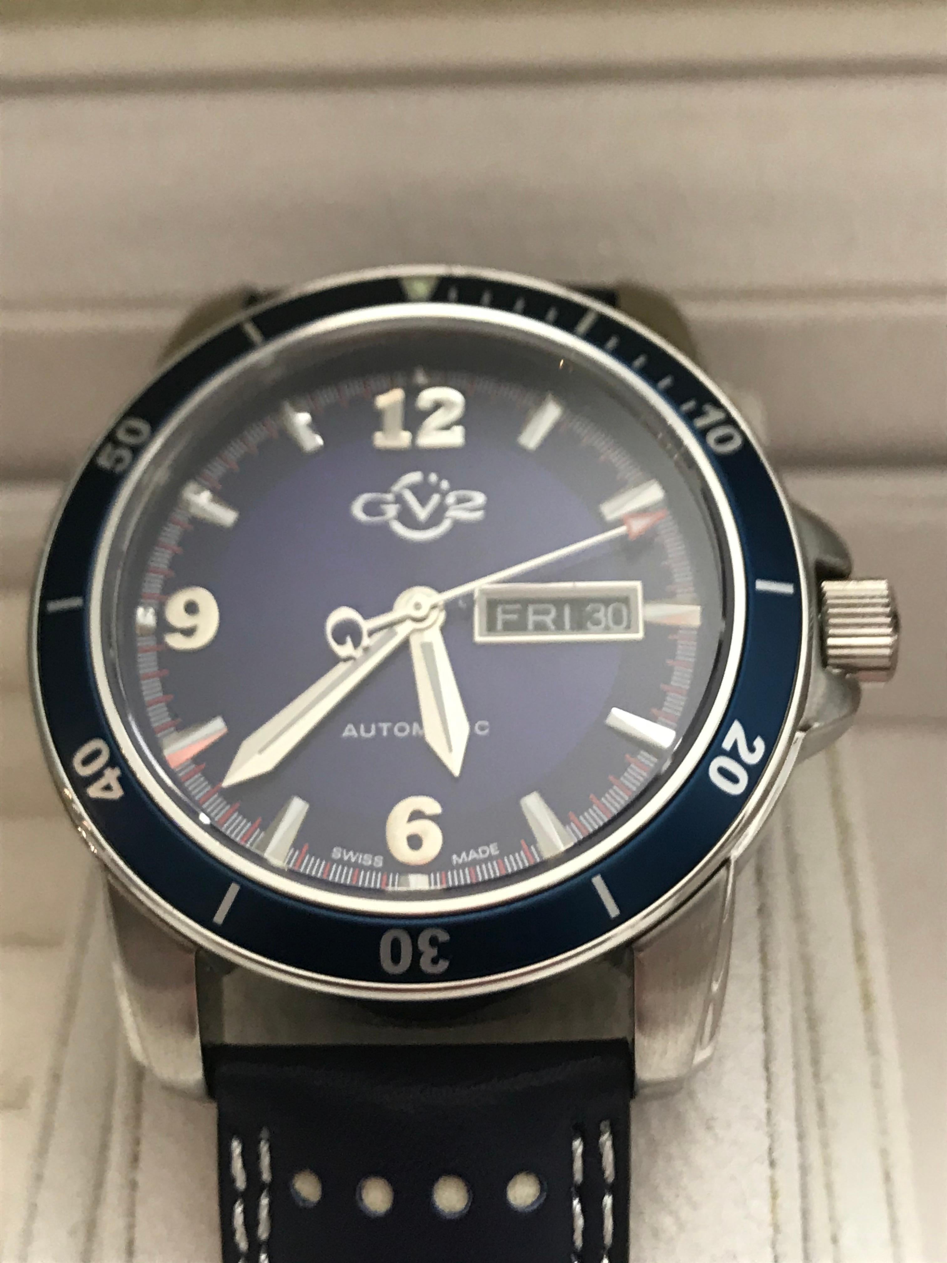 Gevril
Submariner ref 4802
Steel/ blue leather strap
Deployment buckle
Blue bezel and dial
Day and date
Automatic
Sapphire back
42mm
Waterproof 50 meters 
Limited Edition 500 copies 
Swiss made
New from stock
Circa 2009
Box/paper/overbox
990 euros 