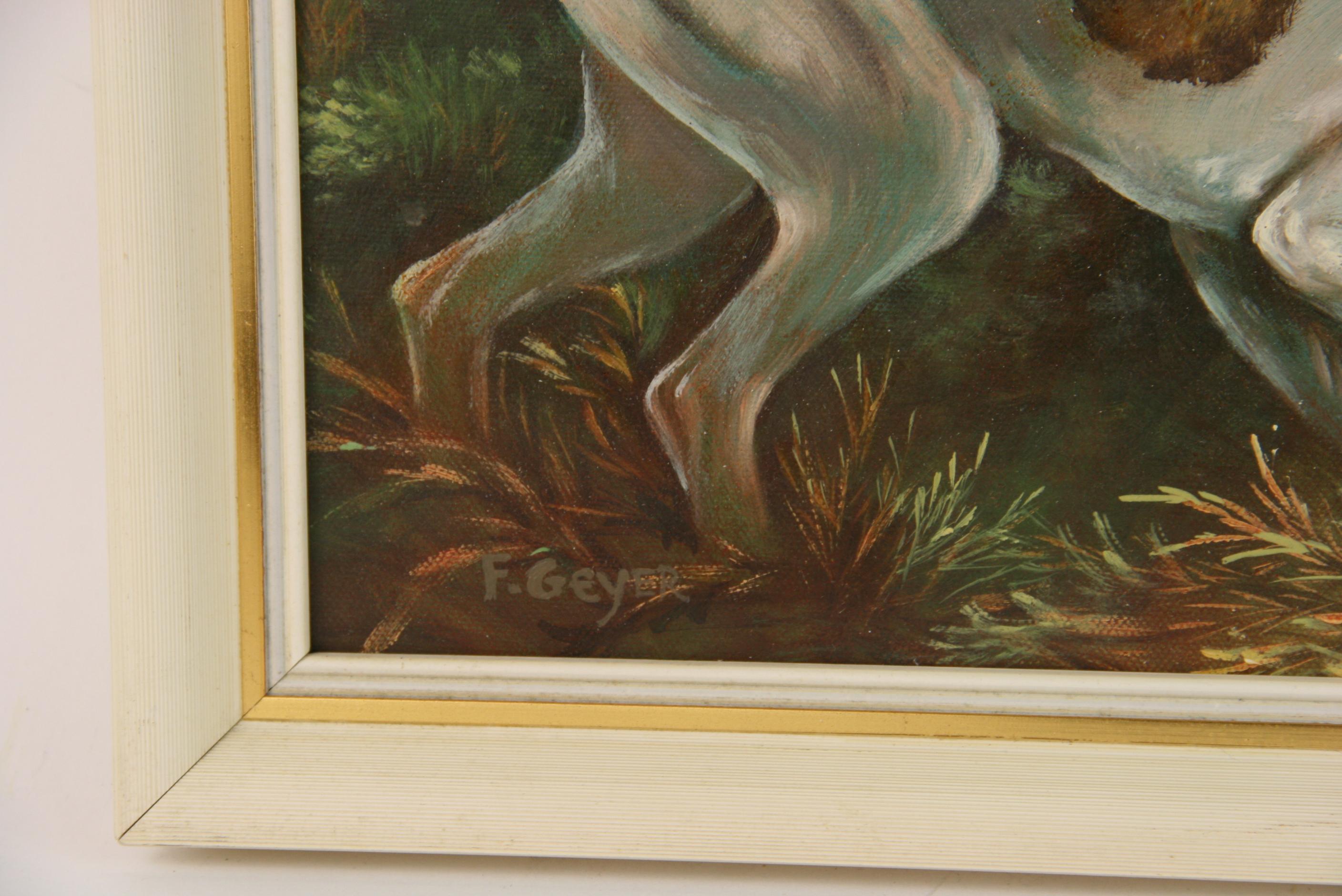 Vintage American Pointer Dog Hunting in  Landscape  Oil  Painting 1940's - Brown Landscape Painting by Geyer