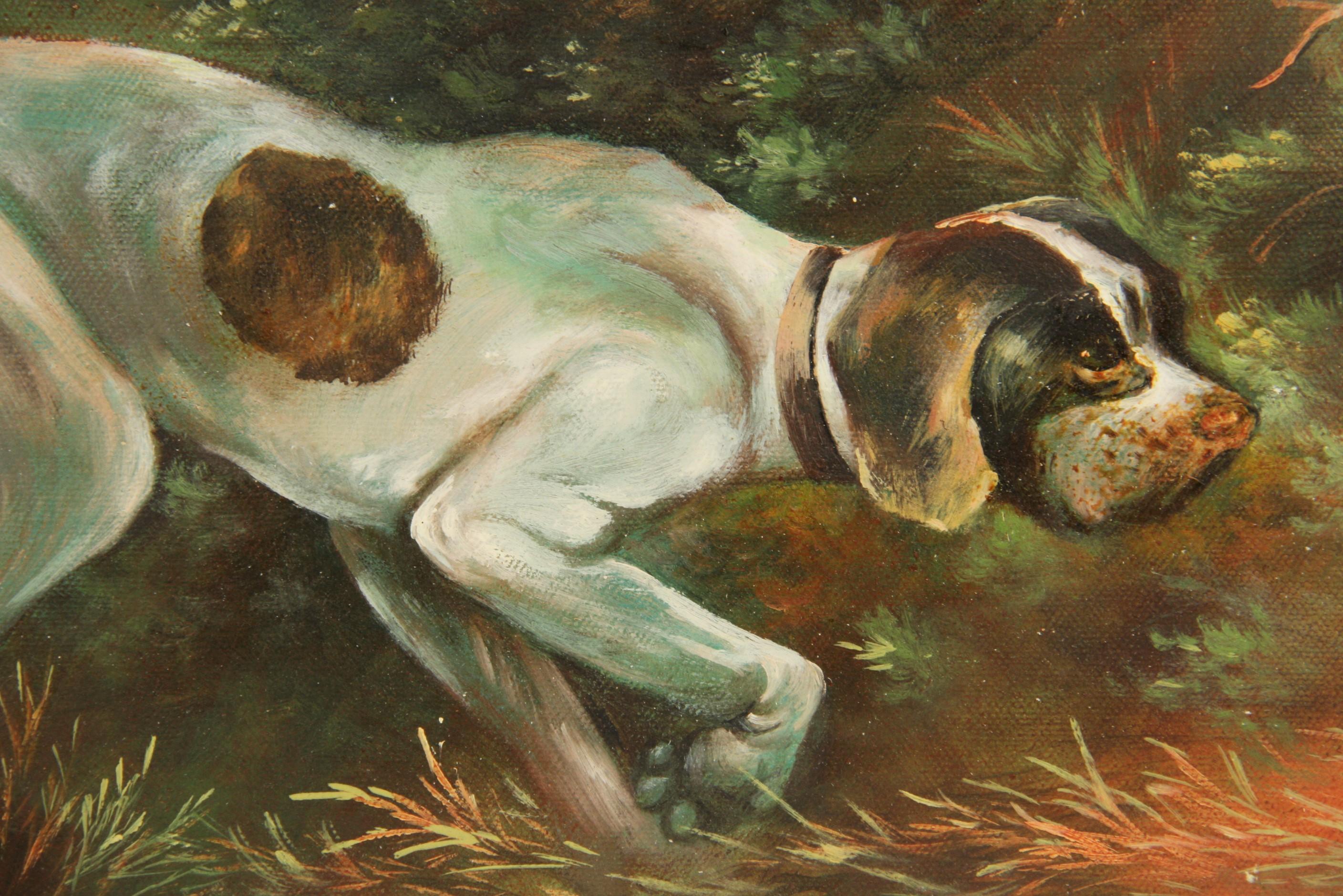 #5-3302 Dog Hunting oil on canvas applied to a board ,displayed in a wood frame ,signed by Geyer.
Image size 10.25 H x 13.50 W