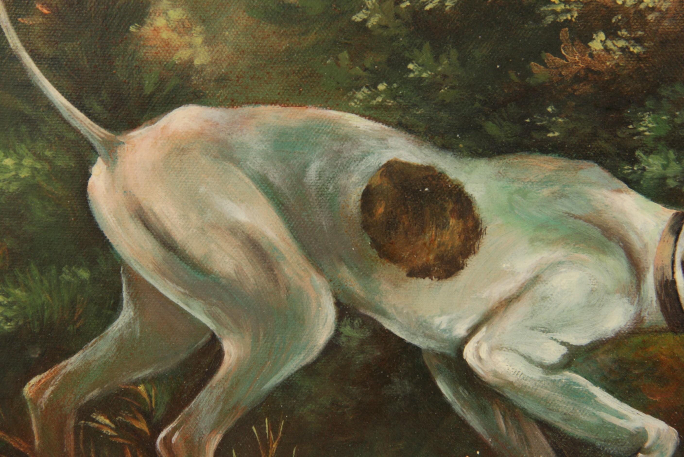 Vintage American Pointer Dog Hunting in  Landscape  Oil  Painting 1940's For Sale 1
