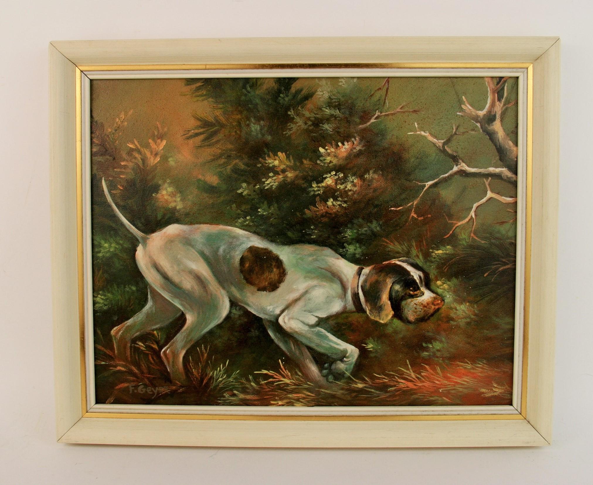 Vintage American Pointer Dog Hunting in  Landscape  Oil  Painting 1940's For Sale 4