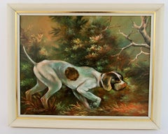 Vintage American Pointer Dog Hunting Oil Painting, Signed, 1940s