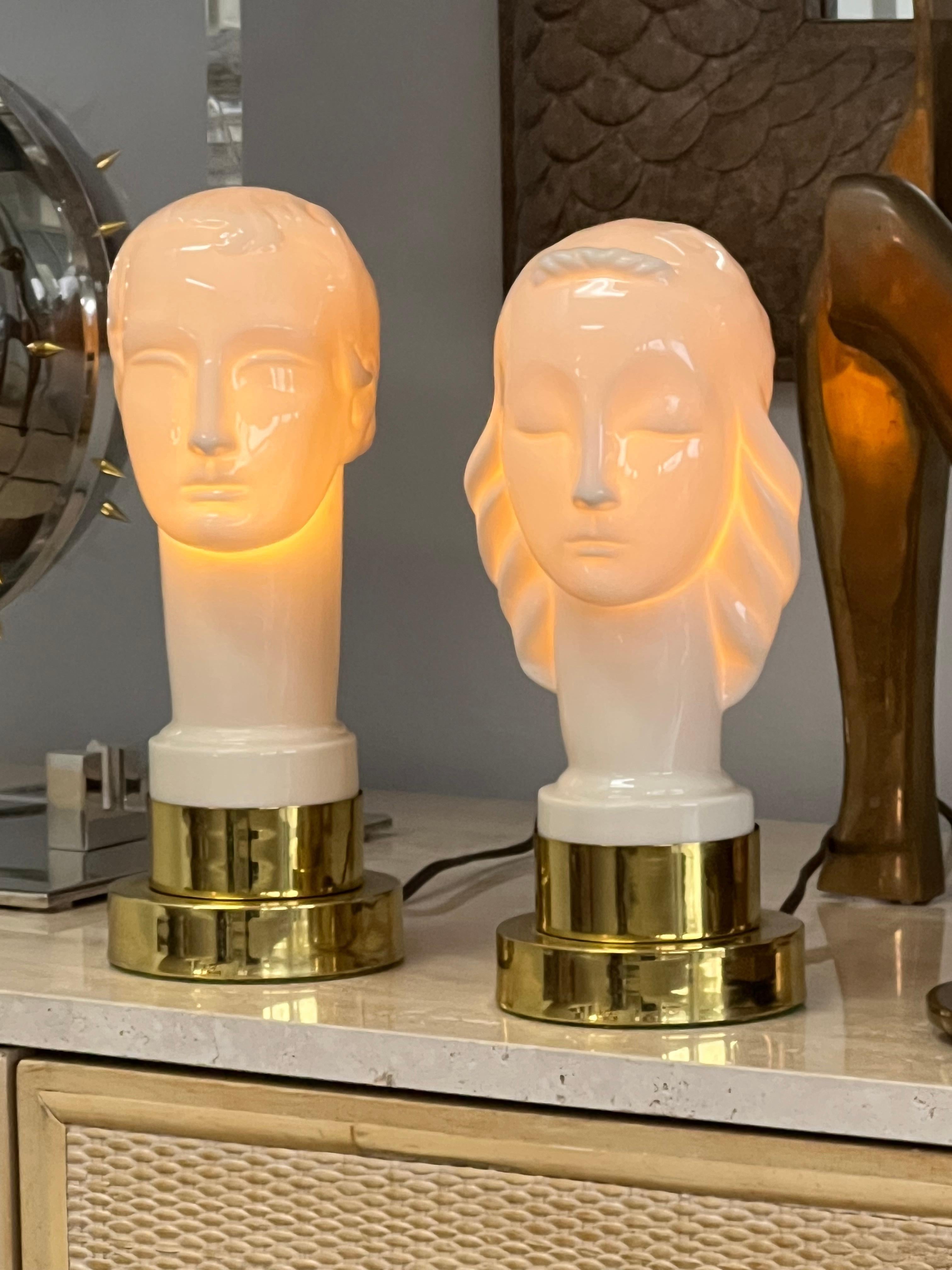Geza De Vegh  für Lennox Porzellan Art Deco Tischlampen (Messing) im Angebot