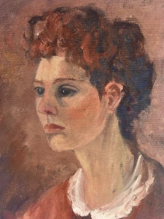1970's British Oil Painting Portrait of Lady in White Collar