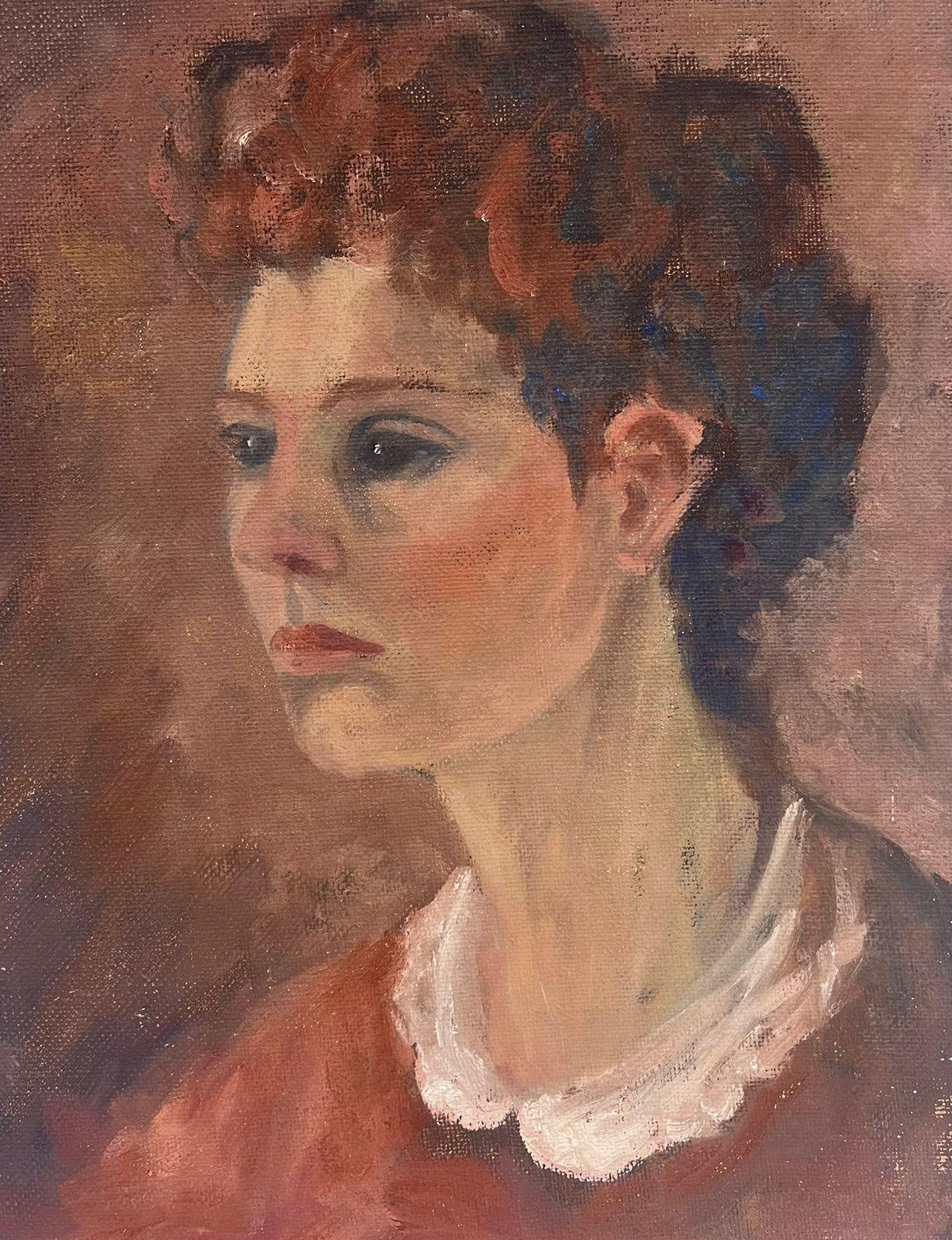 1970's British Oil Painting Portrait of Lady in White Collar For Sale 1