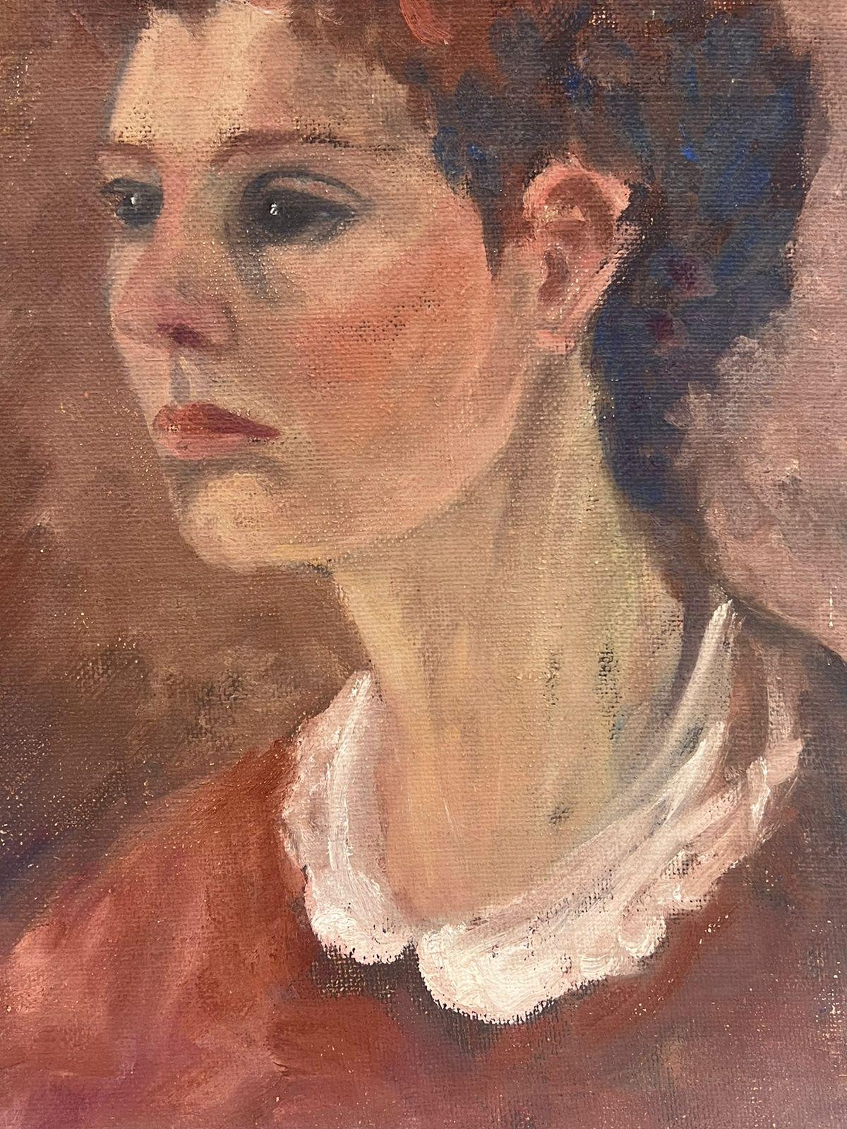 1970's British Oil Painting Portrait of Lady in White Collar For Sale 4