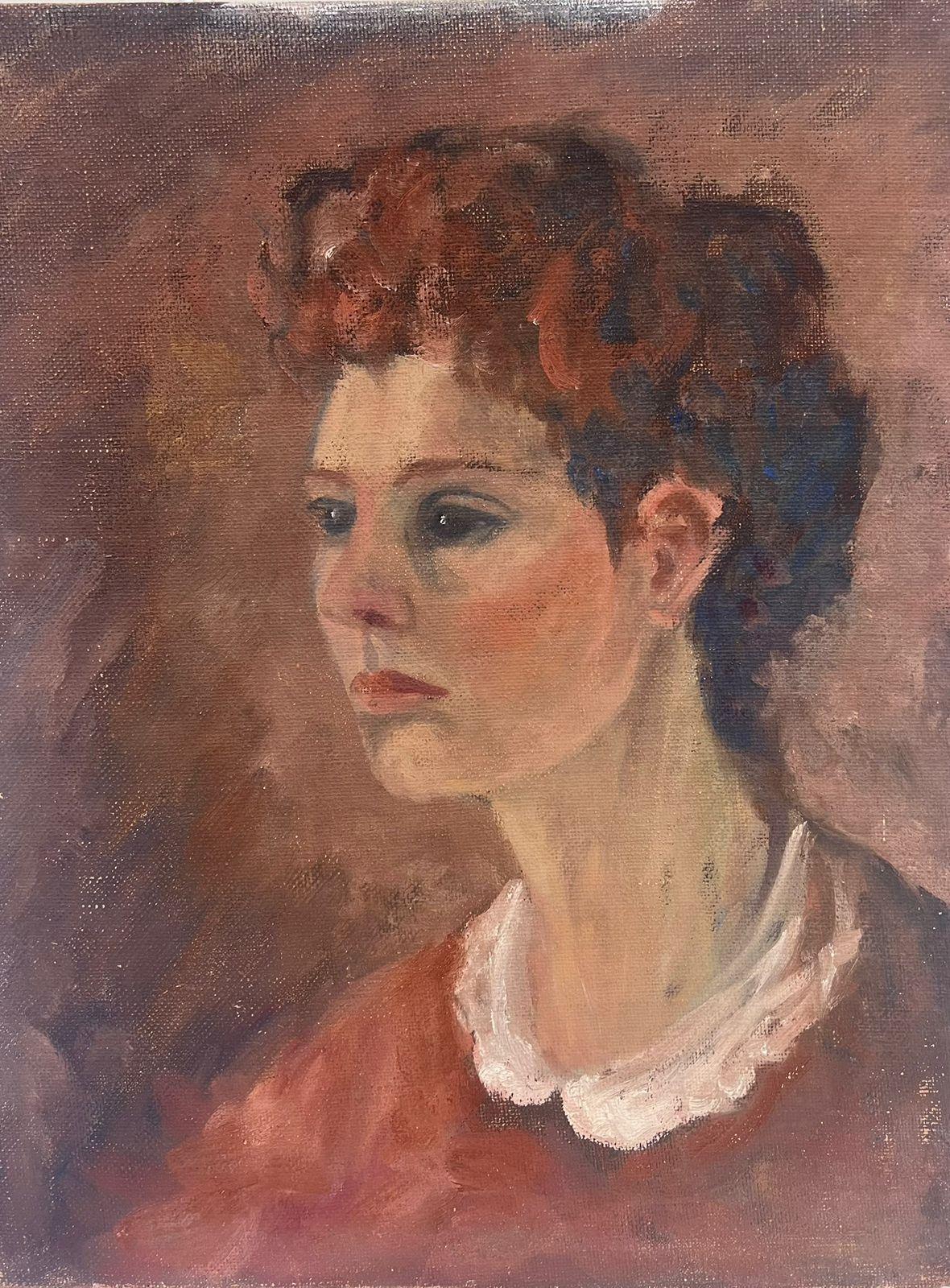 Geza Somerset-Paddon Portrait Painting - 1970's British Oil Painting Portrait of Lady in White Collar