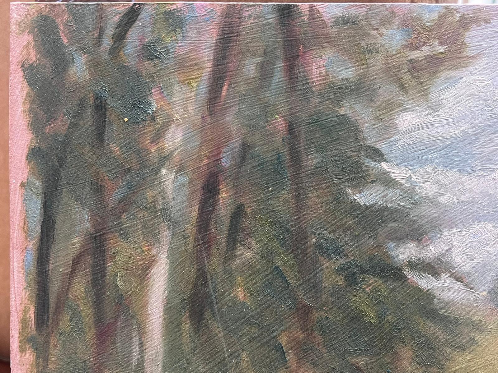 Blurred Clouds Through Gree Trees Contemporary British Oil Painting For Sale 1