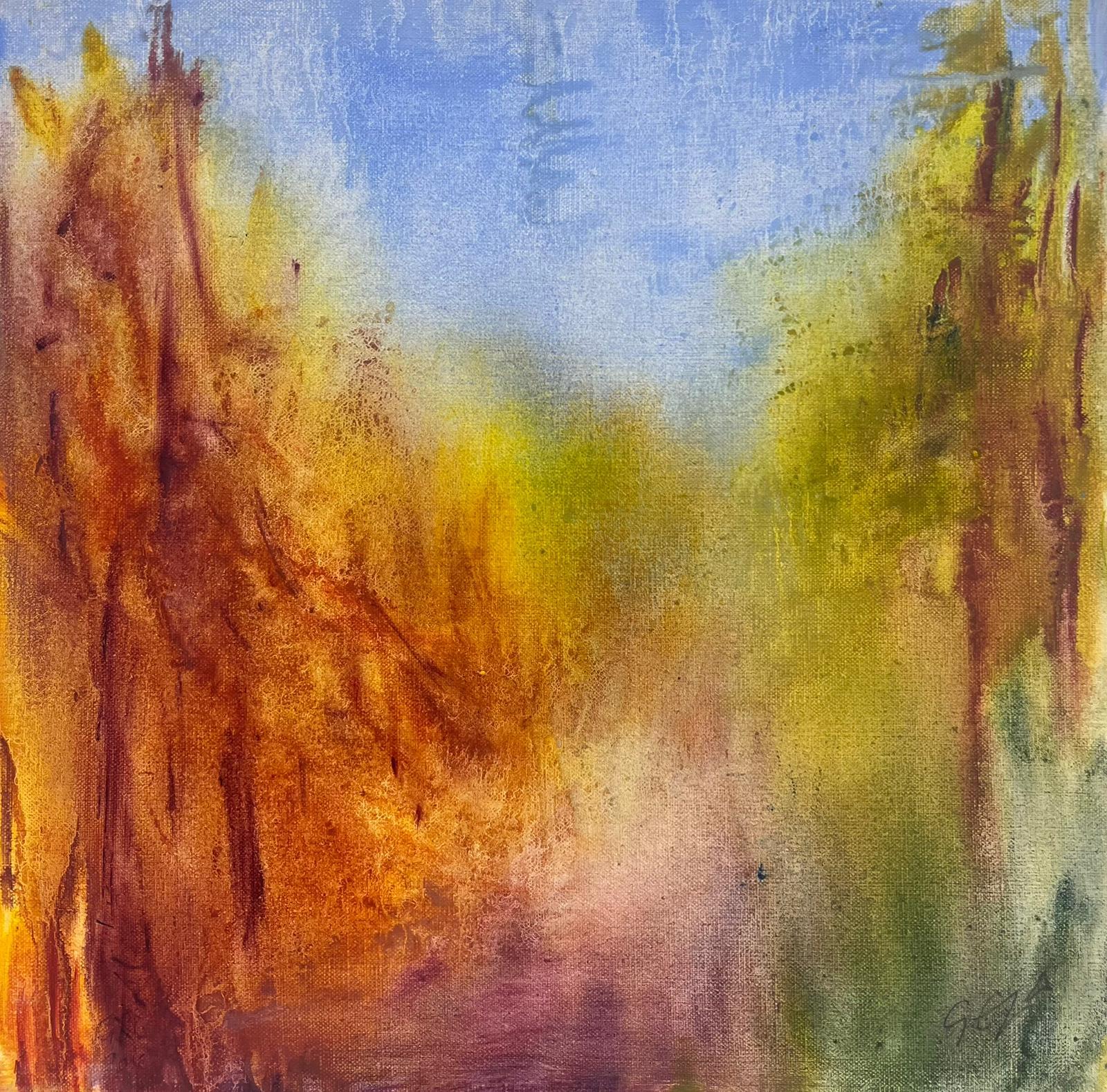 Landscape Painting Geza Somerset-Paddon - Blurry Bright Colourful Forest Contemporary British Oil Painting canvas (peinture à l'huile britannique floue et lumineuse)