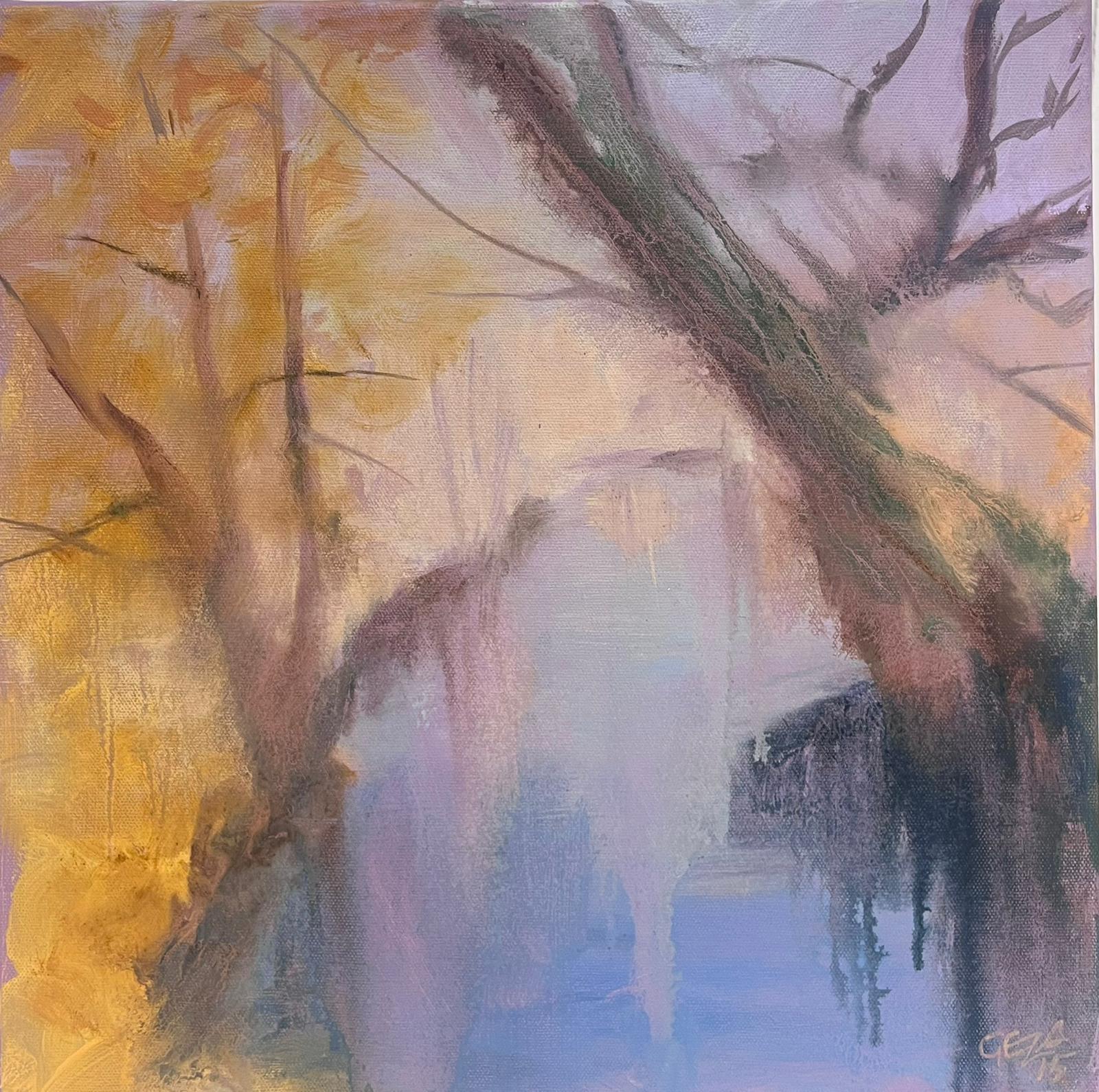 Abstract Painting Geza Somerset-Paddon - Paysage flou de rivière violette et jaune Peinture à l'huile contemporaine britannique